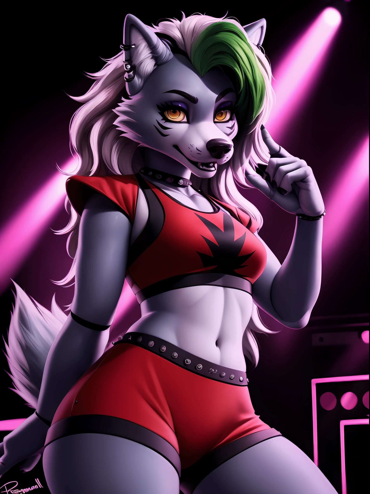 by Personalami, Fnafroxanne, FNAF, Roxanne Wolf, animatronic, female, (detailed), view of the viewer, solo, 1 girl, high resolution, photorealistic, yellow eyes, conceited-looking, ((clear structural details)), detailed realism, slim, hard, 4k, excellent quality, high details, (seductive), cenematic lighting, disco, club, party, spotlight,