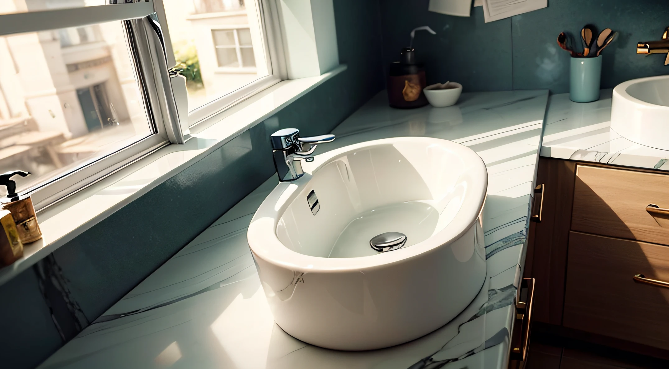 Create a detailed description of a washbasin made of marble, conveying elegance and sophistication. The washbasin should be the main highlight, displaying the beauty and quality of the marble used.

Describe the marble of the sink accurately, emphasizing its distinctive colors, veins, and textures. Highlight the smooth and shiny surface of the material, conveying the feeling of luxury and refinement. Also highlight the precision and care with which the washbasin was carved, with impeccable finish and elegant design.

When describing the washbasin, highlight its shape and balanced proportions, creating a harmonious look. Describe the perfect integration of the sink and countertop, highlighting how the marble gives a touch of sophistication to the environment. Also mention the functional details, such as the faucet and drain, which complement the design of the sink.

Capture readers' attention with the photographic description of the marble washbasin. Describe the angles, framing, and focus of the camera, highlighting the beauty and elegance of the marble. Use lighting strategically to highlight the details and subtle reflections present on the surface.

Finally, its goal is to convey the feeling of a washbasin made of marble, which stands out for its elegance and quality. Describe it in a way that holds readers' attention, highlighting its beauty and functionality. With the combination of detailed description and photography, create a realistic and immersive visual experience, underscoring the grandeur of this marble washbasin." --auto