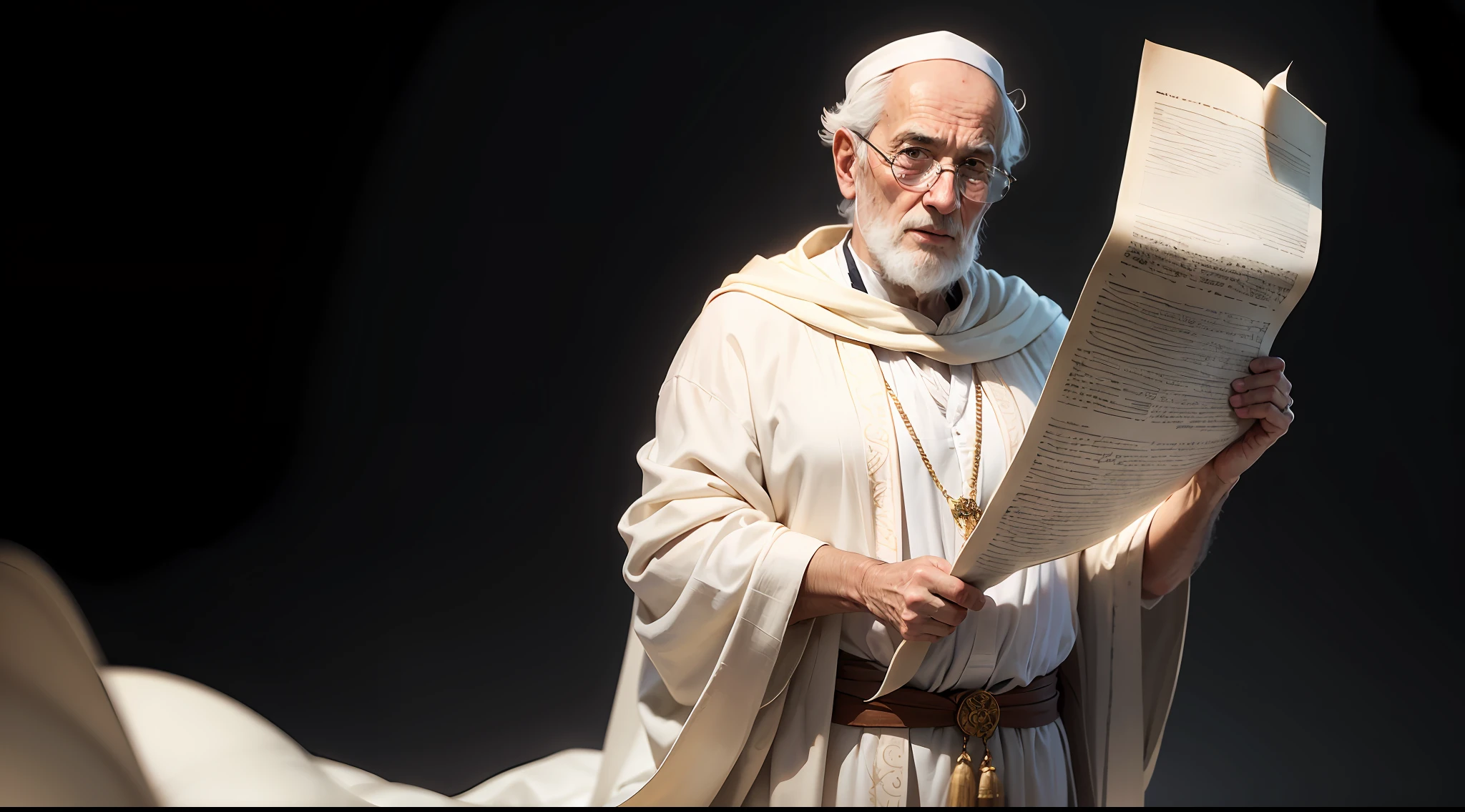 Jew, man, 66 years old, white clothing with a white robe, wearing a tallit, holding an ancient scroll, black background