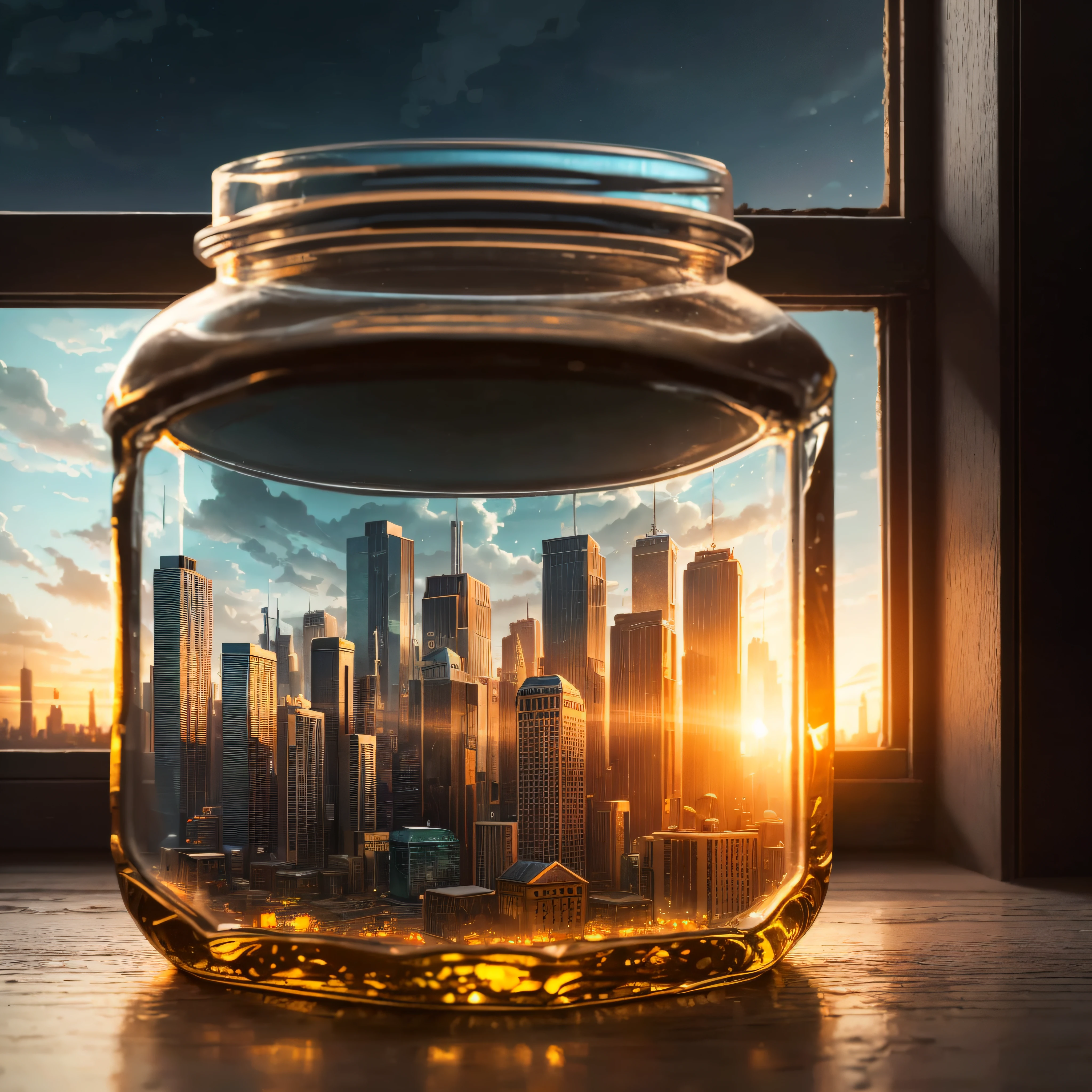 city inside a square glass jar with lid, placing on the windowsill, extremely detailed, 8K, apocalyptic punk style, miniatures, macro photography in close-up --auto