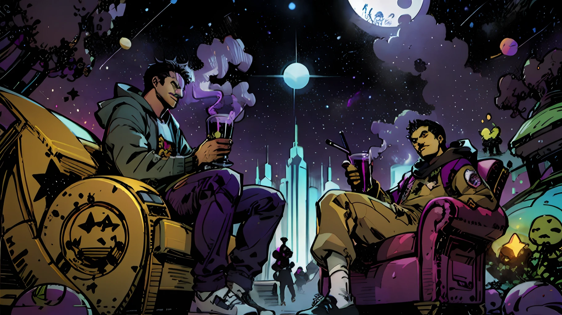 arafed drawing of two age boys holding semi-automatic weapons, smoking, floating in space,cartoon art style, resting after a hard fight, graffiti style, anime style", tired and drunk, sketchy, purple universe, purple drink cup, hip hop style, smug smile, mean look, planets, stars, smoke, best quality --auto