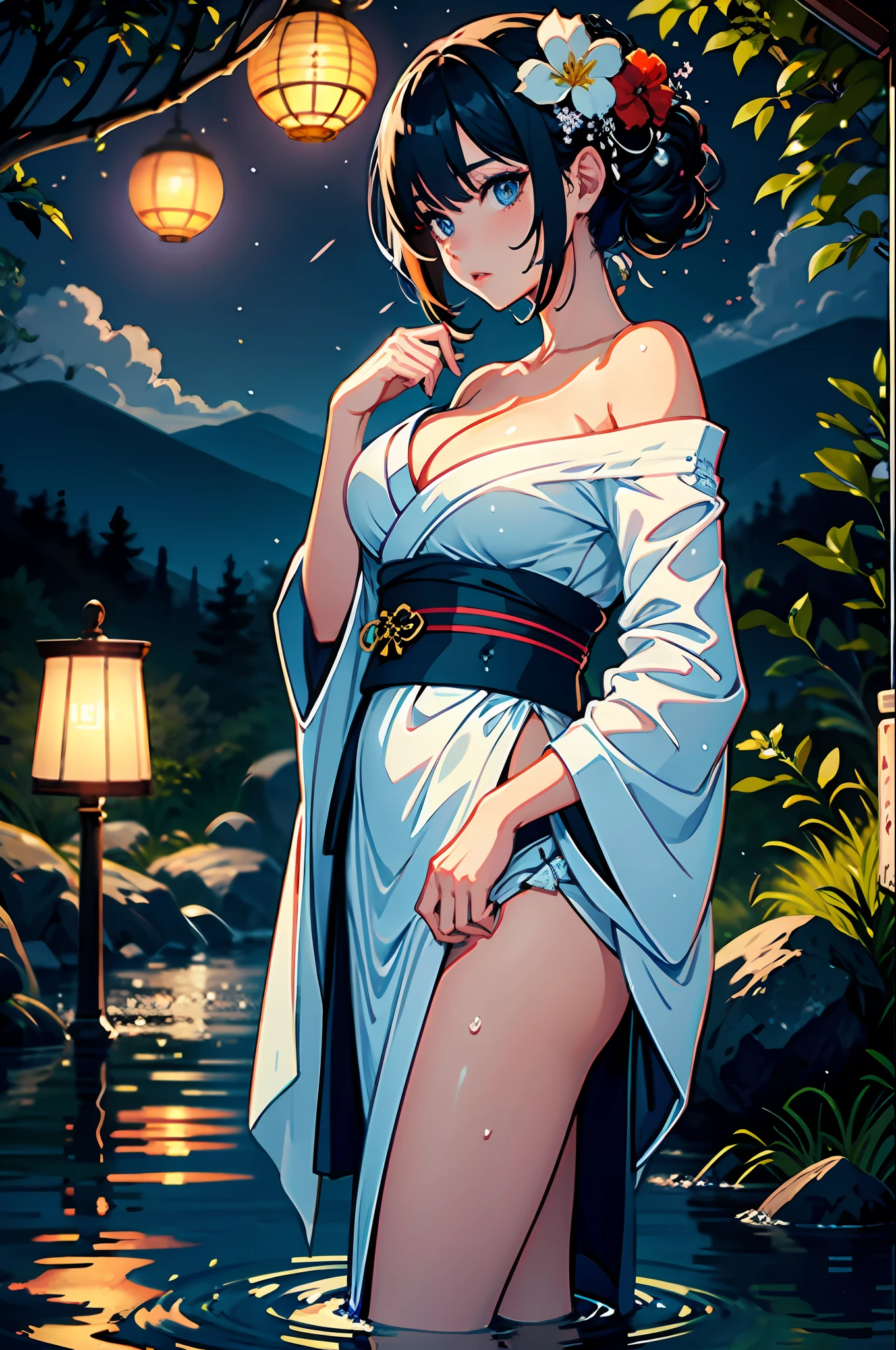 1girl, breasts, moon, lantern, night, solo, large breasts, hair ornament, wet, kimono, japanese clothes, wading, water, hair flower, flower, outdoors, sky, full moon, rain, black hair, off shoulder, mountain, cloud, holding, sash, bare shoulders, paper lantern, standing, white kimono, night sky, sideboob, obi, wet clothes, bangs, tree, from side, reflection, short hair, cloudy sky, wet hair (((masterpiece),(extremely detailed CG unity 8k wallpaper),best quality,,solo,1girl,cinematic lighting,detailed background,beautiful detailed eyes,bright pupils, (an extremely delicate and beautiful),(Beautiful and detailed eye description), ultra-detailed,masterpiece,)),