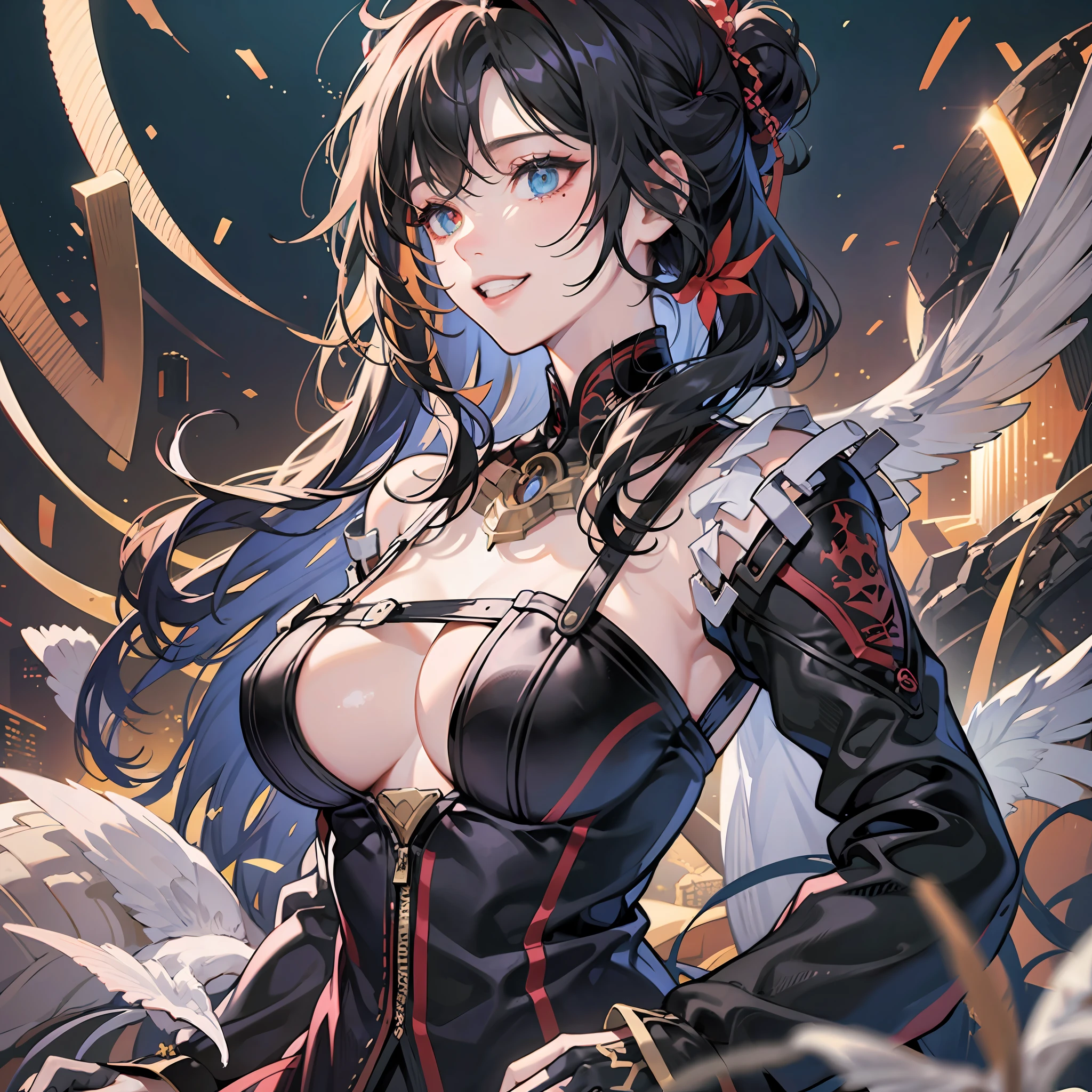 (Masterpiece, best quality:1.2),Anime character,anime Girl, perfect eyes, extremely detailed eyes,grin,high resolution Lens, edgy, wearing a black and red jacket, heterochromia,spiky hair, wearing gloves,black and red gloves,Amazing, finely detail, masterpiece,best quality,official art, extremely detailed CG unity 8k wallpaper,octane render, H. R. Giger style, 8k, best quality, masterpiece, illustration, an extremely delicate and beautiful, extremely detailed ,CG ,unity ,wallpaper,highest quality digital art, Stunning art, wallpaper 4k,8k,64k, HD, unparalleled masterpiece, dynamic lighting, cinematic, epic