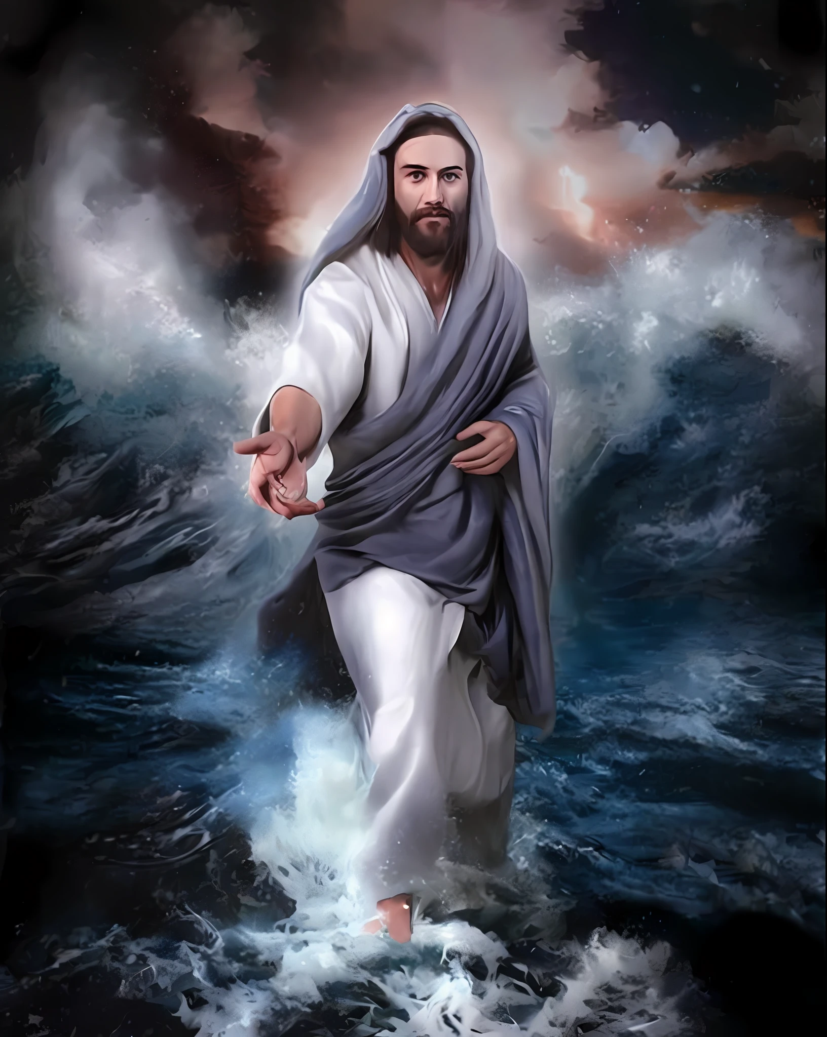 Jesus Christ walking on water in a storm, white robes, waves, soft expression, dark sky with lightning, lightning, photo realism, masterpiece, high quality, high quality, highly detailed CG unit 8k wallpaper, award-winning photos, bokeh, depth of field, HDR, bloom, chromatic aberration, realistic, very detailed, trend in CGsociety, complex, high detail, dramatic, volumetric lighting