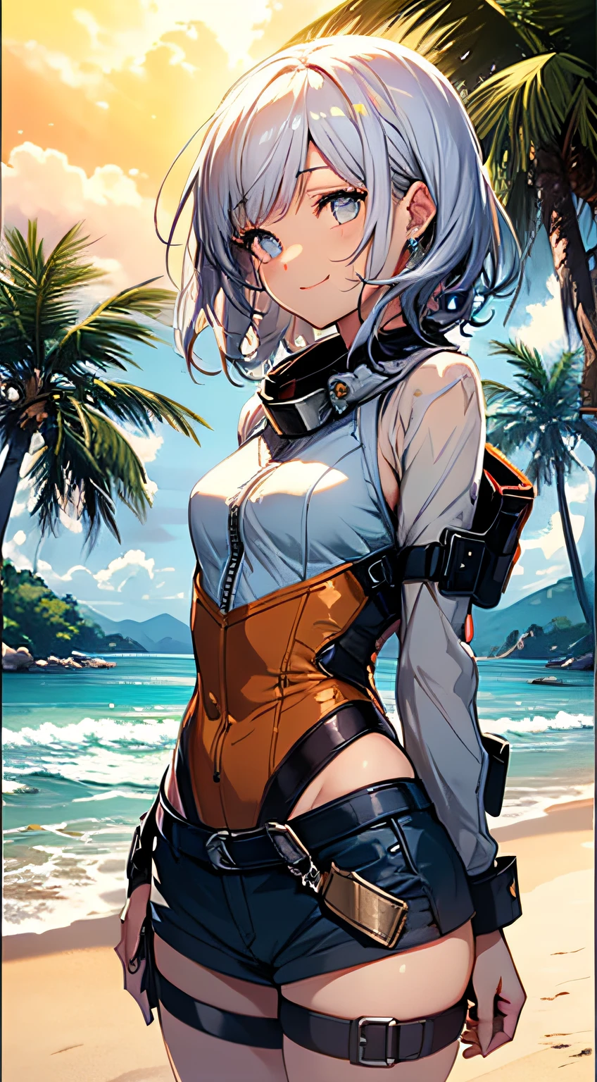 (((Masterpiece))), (((Best Quality))), (((Very Delicate and Beautiful))), (Highly Detailed CG Unity 8K Wallpaper: 1.3), Very Delicate Light, (Backlight), (Steampunk), /=, (Cowboy Body)), (1 Loli: 1.3), Solo, (Petite), (Small), White Swimsuit, High Waist Shorts, White Hair, Blue Eyes, Earrings, ( Wave Curly Short Hair), (Ahoge), (Cute Face: 1.114), (Fine Eyes: 1.15), (Cute Face: 1.114), (Beautiful Fine Eyes and Beautiful Face: 1.15), Girl smiling and looking happy in beautiful tropical landscape. Behind her, the sun is setting, casting a warm glow on the scene, creating a dreamy atmosphere. In the distance, palm trees sway in the breeze, creating a leisurely retro atmosphere, such as sand, sun, beach, sea, horizon, etc. Highly detailed ray tracing