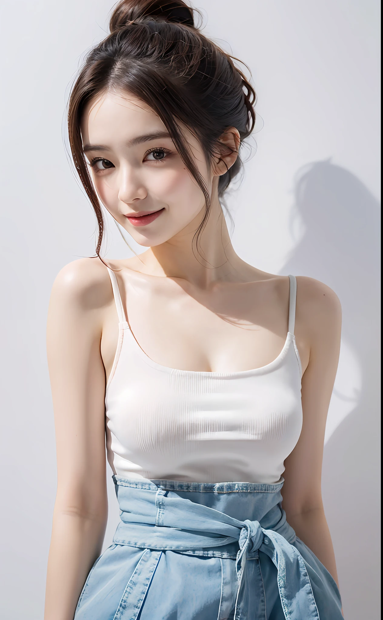 8k, (smile)), 25 years old, View viewer, ((Attractive face)), Beautiful dress in detail, Ultra high quality, ((Body from waist up)), Photo realistic, Beautiful face and eyes in every detail, (hairstyle up),One piece, (White marble background), Top quality, Real, Fantasy, Real skin, Full color, Top quality, Very delicate and beautiful, Raw photo details, Professional photography, Solo, Beautiful lips, Facing forward, Top quality, Real skin, Full color, Raw photo details, Realistic photo