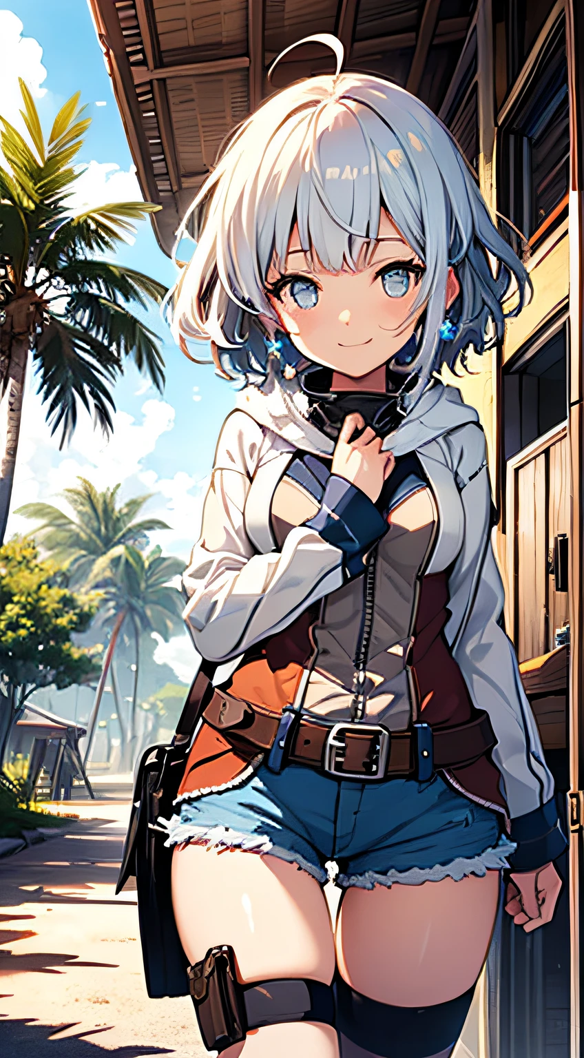 (((Masterpiece))), (((Best Quality))), (((Very Delicate and Beautiful))), (Highly Detailed CG Unity 8K Wallpaper: 1.3), Very Delicate Light, (Backlight), (Steampunk), /=, (Cowboy Body)), (1 Loli: 1.3), Solo, (Petite), (Small), White Swimsuit, High Waist Shorts, White Hair, Blue Eyes, Earrings, ( Wave Curly Short Hair), (Ahoge), (Cute Face: 1.114), (Fine Eyes: 1.15), (Cute Face: 1.114), (Beautiful Fine Eyes and Beautiful Face: 1.15), Girl smiling and looking happy in beautiful tropical landscape. Behind her, the sun is setting, casting a warm glow on the scene, creating a dreamy atmosphere. In the distance, palm trees sway in the breeze, creating a leisurely retro atmosphere, such as sand, sun, beach, sea, horizon, etc. Highly detailed ray tracing