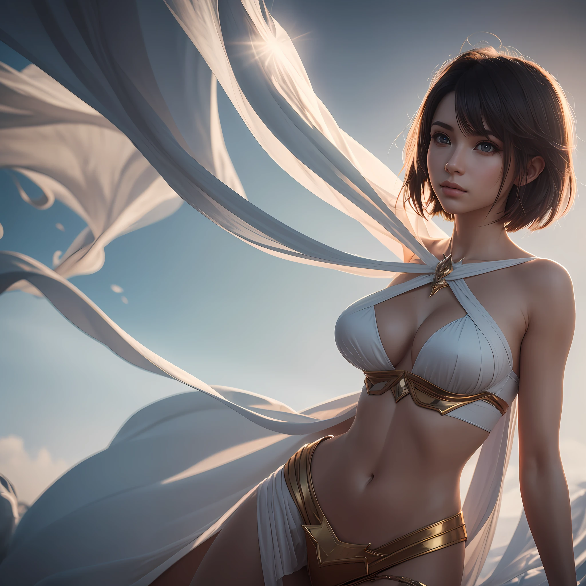 As a Yael Shelbia, realistic photography, photorealistic, realism, contrast, photography, masterpiece, Final fantasy's Like, she-ra like, ethereal beauty, ethereal, ultra realistic, 3d, 3d rendering, porcelain, Best quality, human anatomy, real hair, short hair, Asymmetrical Cut Hair, moving hair, huge breasts, human anatomy, posing for photo, translucent, (ethereal, Dream), formidable, 8k wallpaper, Realistic Textures Dramatic Lighting, Trending at Art Station Cinestill 800 --auto