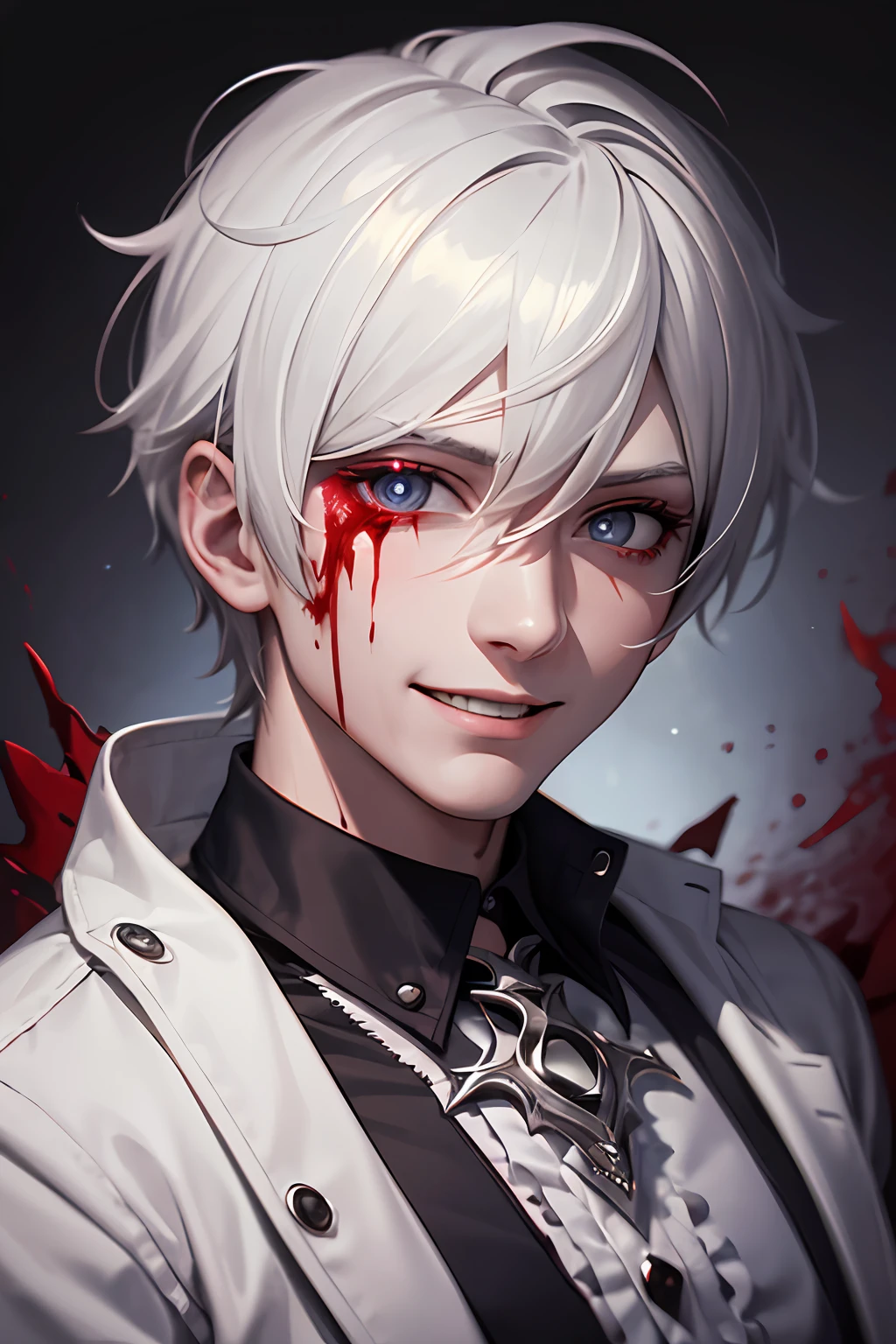 Best quality, ultra high detail, extremely detailed eyes, detailed face, male face, a boy, short white hair, red incandescent sparkling eyes, bleeding, gothic static background with blood spreading, he wears a white jacket with blood, his smile is macabre, dark, dark--Niji:5--gothic cinema lighting--Paramount and Wit Studios --s2