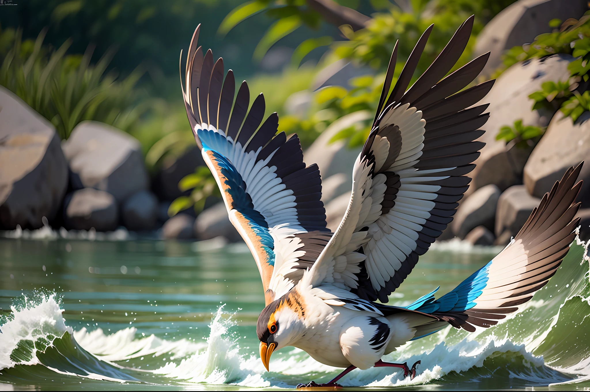 a sequence of the torogoz national bird of El Salvador, commonly called talapo swooping into the water in sequential order to pick up fish from the water, hyper-realistic, extremely real plumage, ultra-realistic details, front view, 32k, Ultra HD, wide aperture photography, nature photography --auto --s2