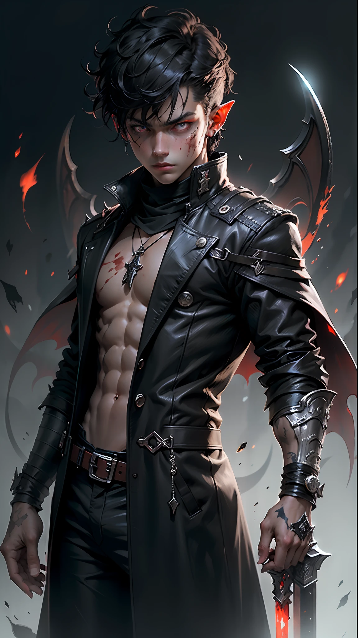 ultra detail, high resolution, ultra detailed, best quality, demon, red eyes, skinny, dark boy, wizard, occultist, black hair, bangs, elf, holding a blood dagger, black overcoat