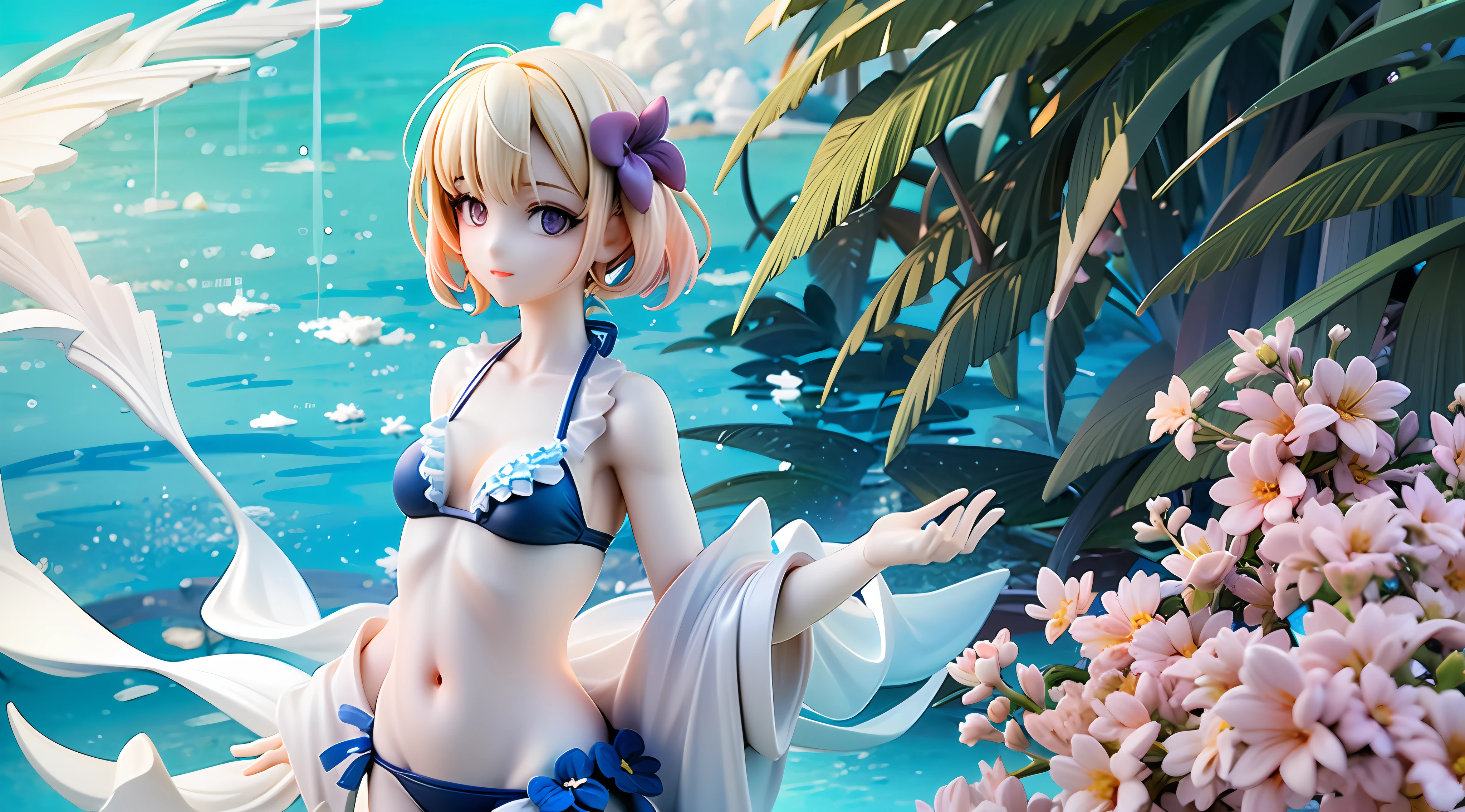 girl, pastel color, blonde hair, purple flower hair ornament, blue swimsuit, white skin, blue ocean, blue sky, white ward, palm tree, leaf, pink flower,