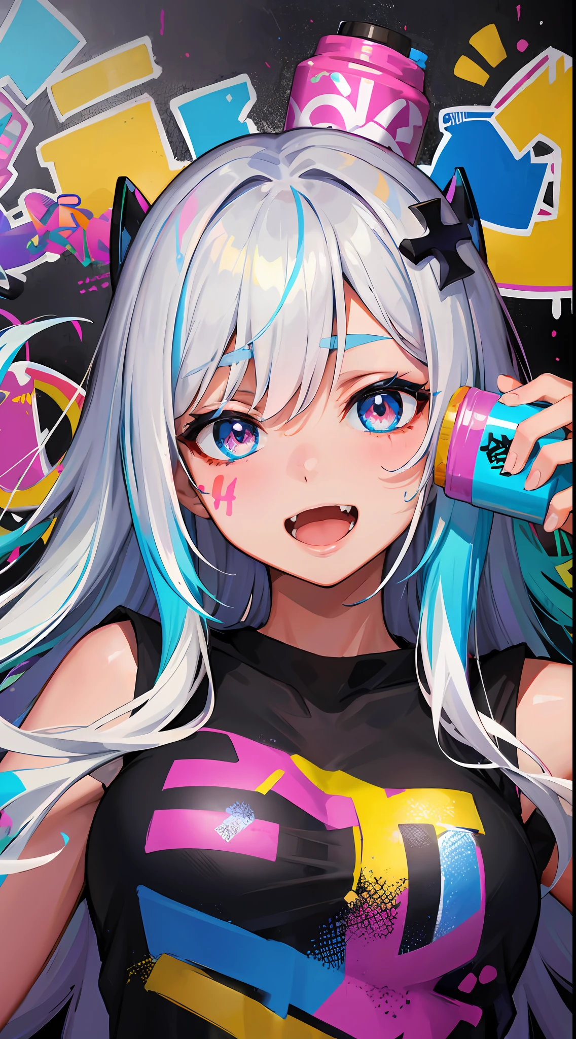 masterpiece, high quality, highres, absurdres, ultra-detailed, 8k, 1girl, medium breasts, platinum grey hair, blue hair, multicolored hair, gradient hair, open mouth, fang, looking at viewer, (holding spray paint can), oversized clothes, colorful eyes, (messy painted body:1.05), (graffiti murals wall background:1.15), seductive smile, brilliant colorful paintings, bloom, portrait, cross hair ornament