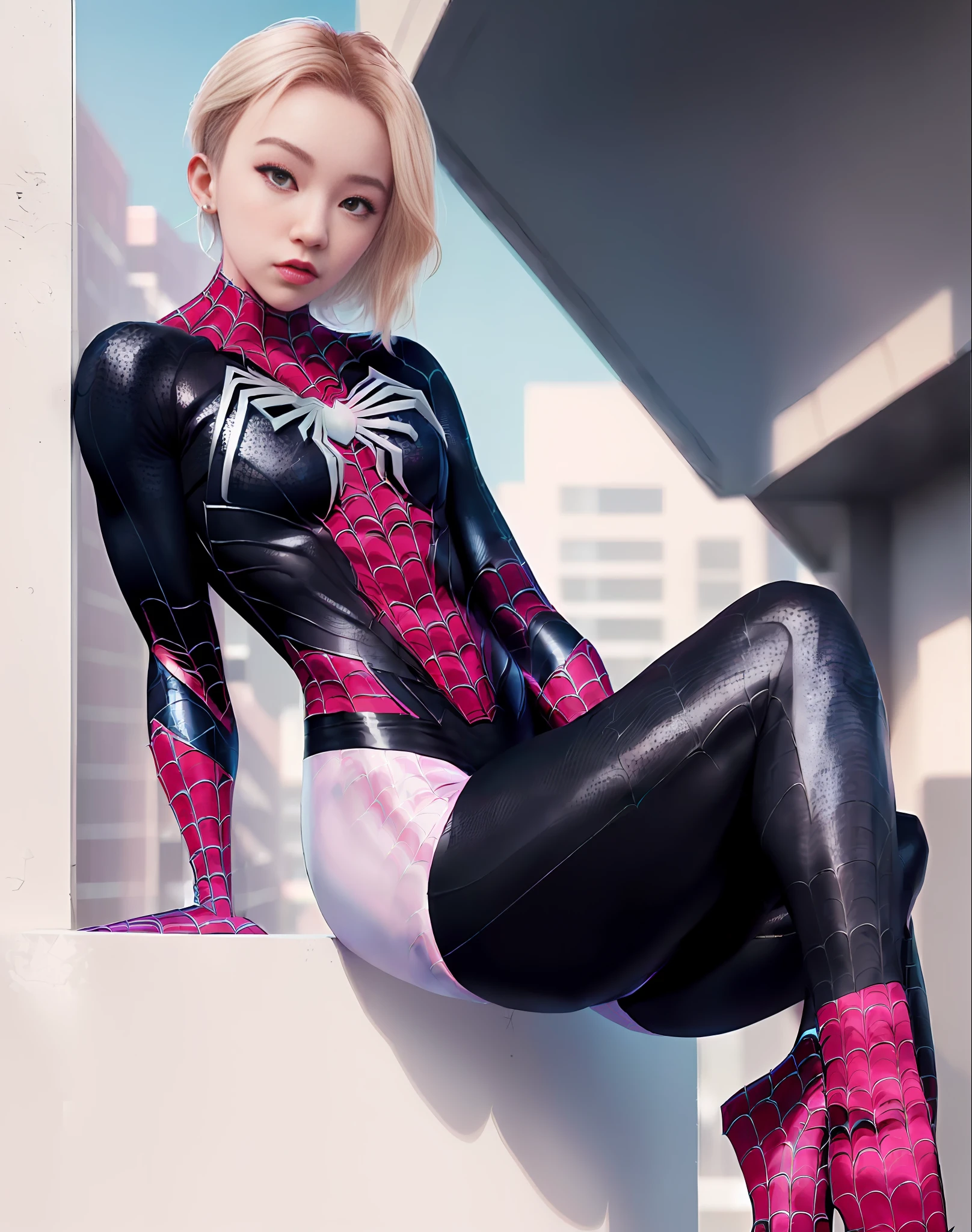 Woman with black eyes and long straight black hair in a pink and white suit sitting on a ledge, ( ( ( Spiderwoman ) ), cyber suit, gwen stacy, inspired by Yanjun Cheng, yanjun chengt, ross tran 8 k, realistic cosplay, spider - gwen, spider-gwen, spider gwen, cybersuit, futuristic style spiderman, perfect android girl, cyber costumes