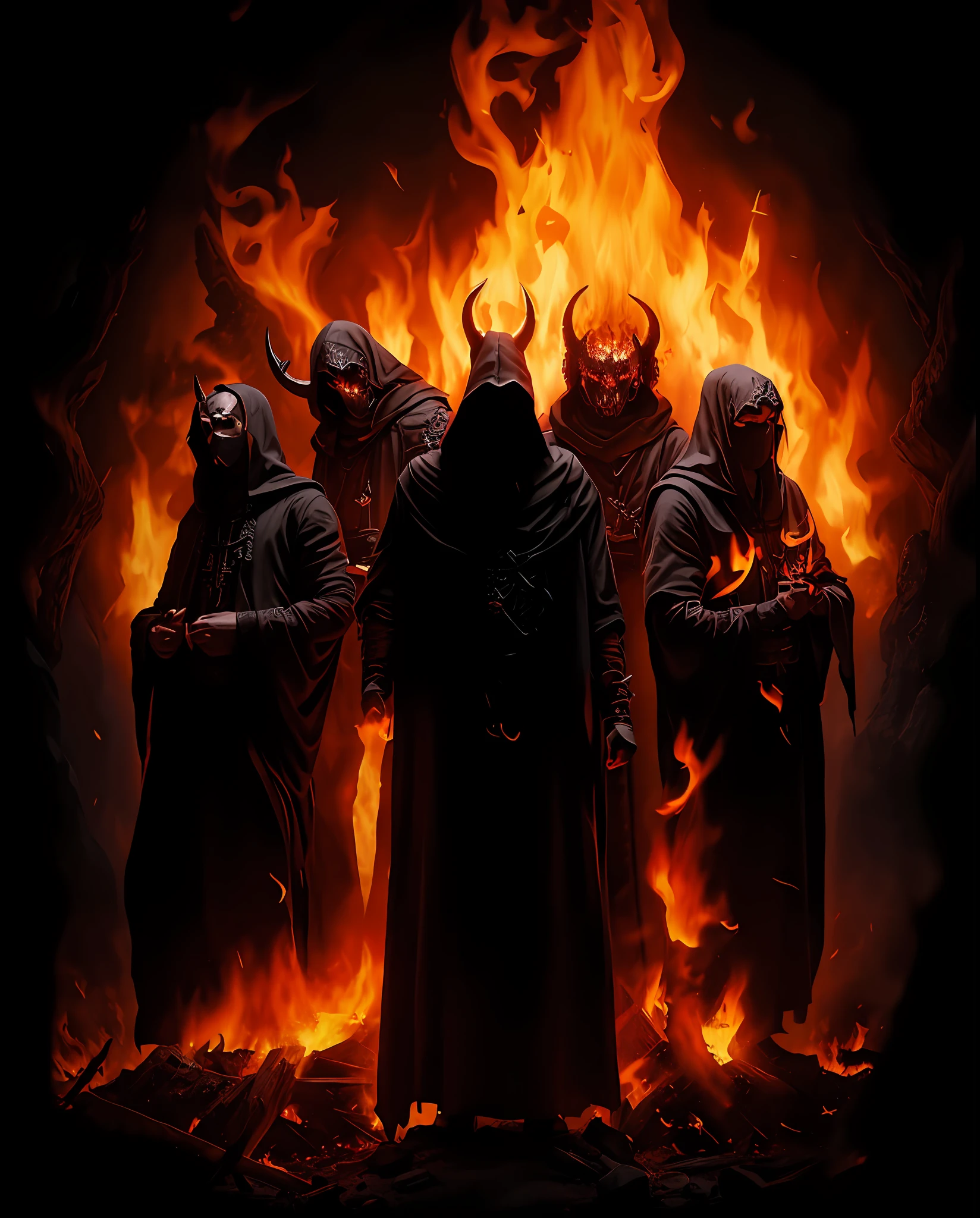 a group of men dressed in horned costumes standing in front of a fire, dark robes, the order of the burning shadow, demons of hell, all face covered with a fire, wearing dark robes, satanic ritual, tactical team in hell, just art for dark metal music, demonic robes, monks!!!!!!!!! fire, cultists watching, burning in hell, conjure devils