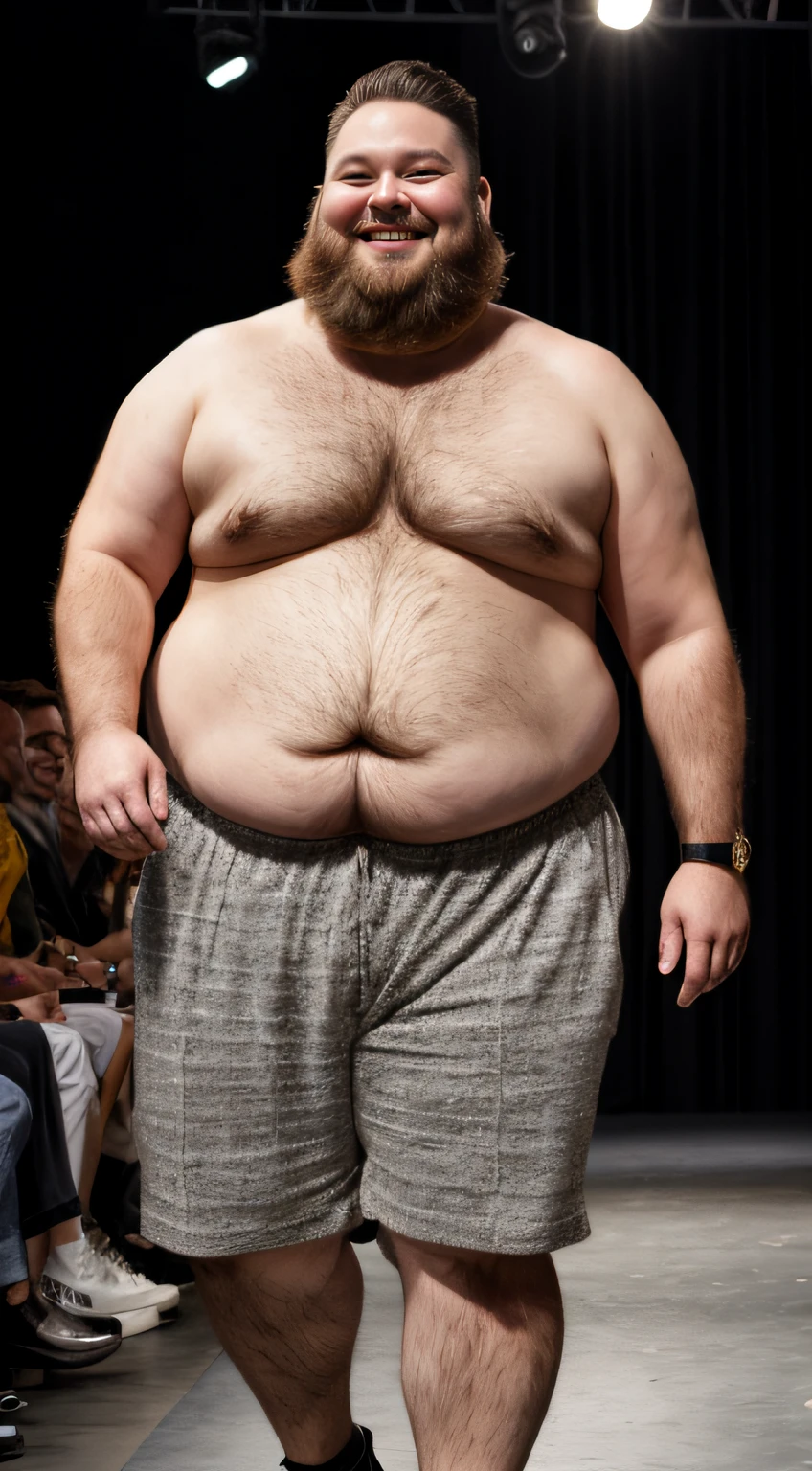 Fat man parading without T-shirt and shorts, brown hair, tight and short beard, fashion show, Milan fashion, show, sexy and charismatic, smiling, full body