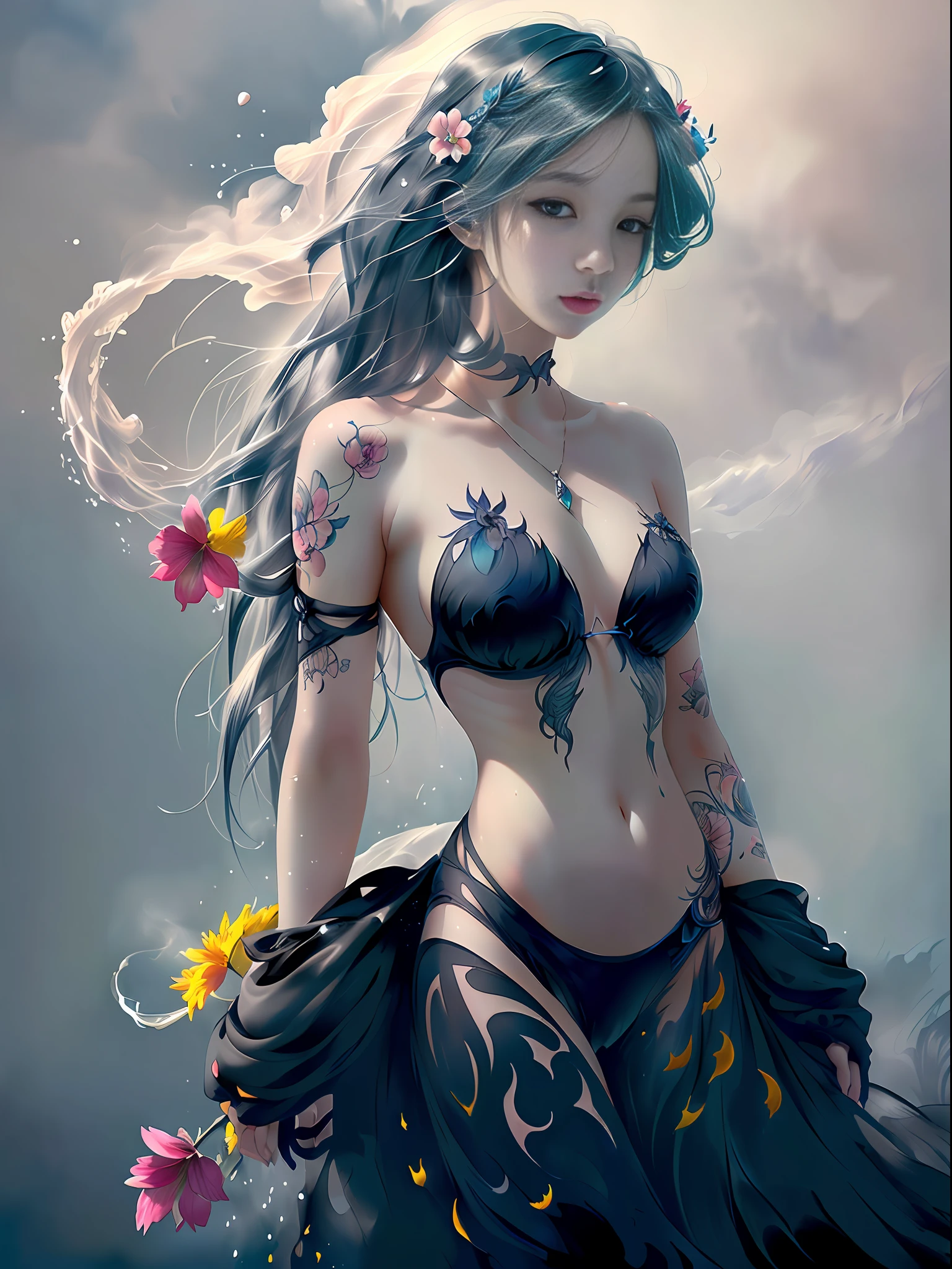 woman, classic, abstract art, oil, breasts, navel, closeup chest, high thighs, tattoo, full body, covered in tattoos, tattoos, long hair, blue hair, jewelry, hair ornament, hair flower, splashes of ink on background, ink, dripping ink, drops, splashes, flower cloud, flower, magical, fantasy, centered, halo, by Hokusai, by Boris Vallejo, by Margaret Macdonald Mackintosh,  [(smoke cloud flowers mist spray paint splashes colors smog steam gloom: 1.3): 0.25] looking viewer, black shoes, bare shoulders, cutout of clothes, leotard, bracelet, gray background, central opening, fringe, eyelashes, expressionless, boots, gray background, smoke vapor vapor smoke, expressionless, dark colors, monochrome, soft colors, gothic style,