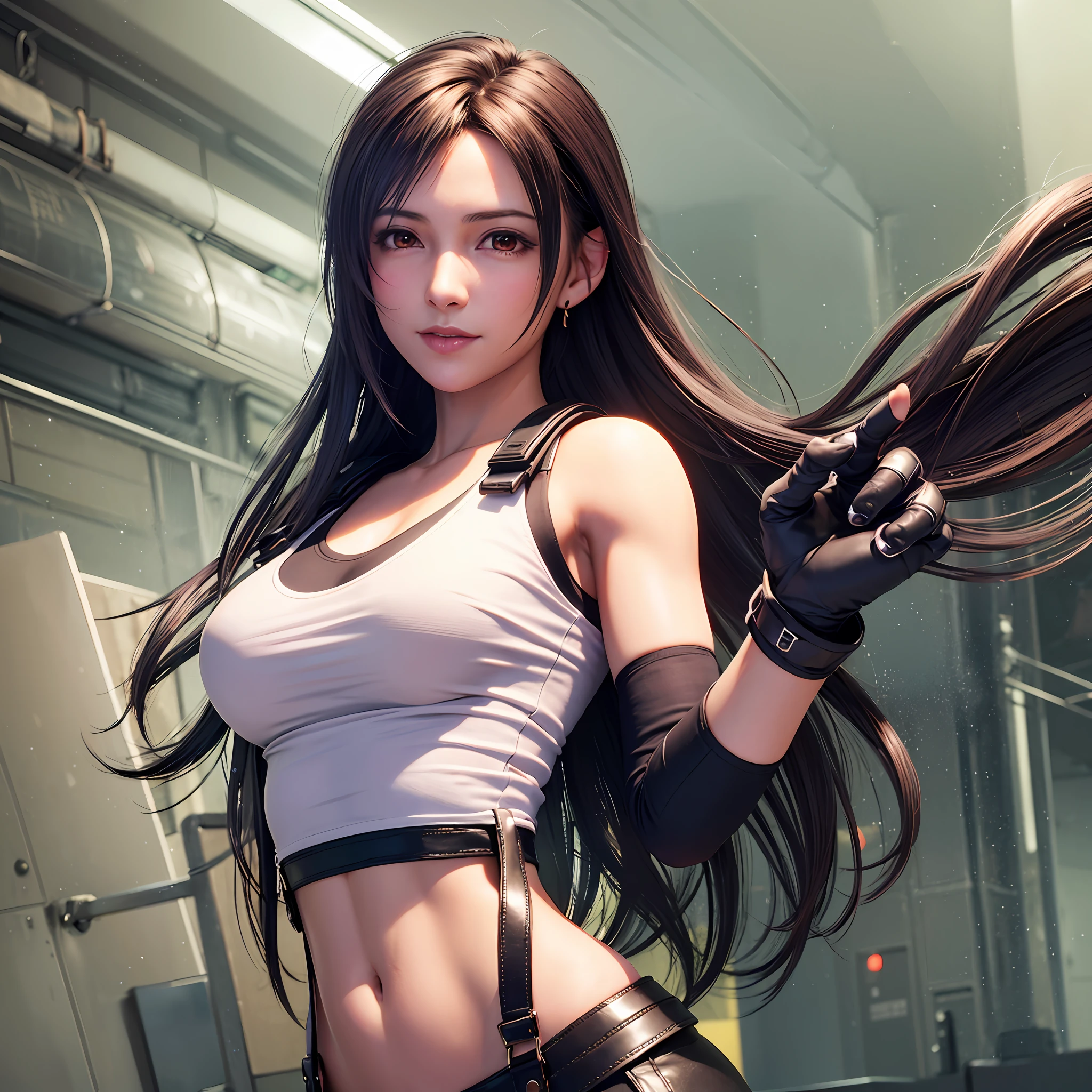 8k,masterpiece, bset quality,big, (1 girl), tifa lockhart, red_eyes, black hair, long hair, shiny skin, shiny big, ((best quality)), crisp focus: 1.2, highly detailed face and skin texture, detailed eyes, perfect face, perfect body, art, cg, blur background, big with presence, (20yo, Mature cool and beautiful face), wearing ((suspender black skirt)),(( black elbow gloves, white taut shirt, thigh, white tank top, navel, blush)), futuristic robot weapon factory, upper body, smile, professional light source, fluttering hair, dynamic action, dynamic pose,
