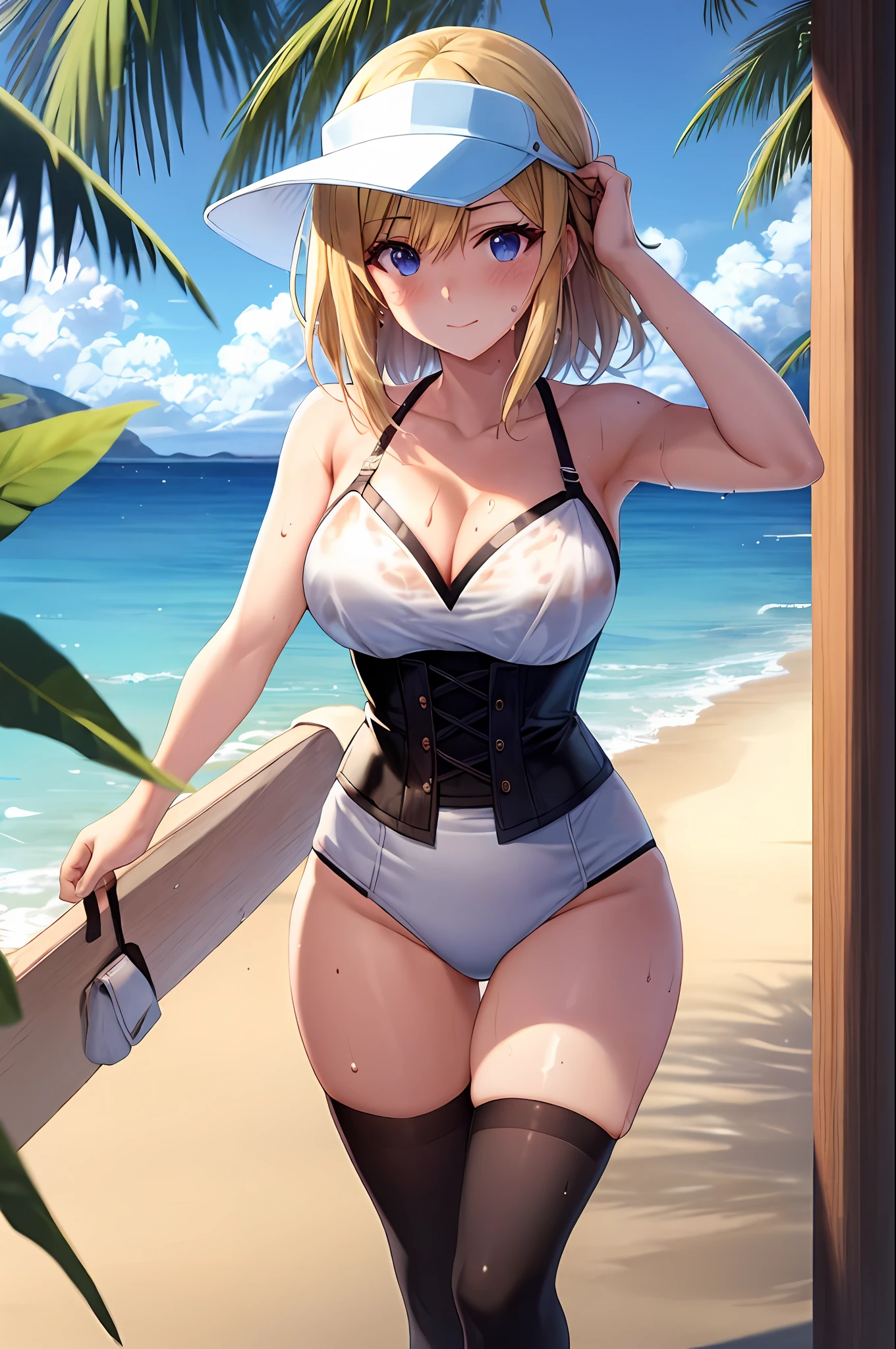 (Real: 1.5) Women, Mai Kawakami, Medium, Stockings, 4K, 8K, Perfect Face, Blush, Blue Eyes, Blonde, Dimm, Sea, Bright Sun, Sandals, Beach, Visor, Corset, Sea Turtle, Walking, Hair Band, (Wet Skin), Leaves, Cloudy, Big Sun, Beach Bar