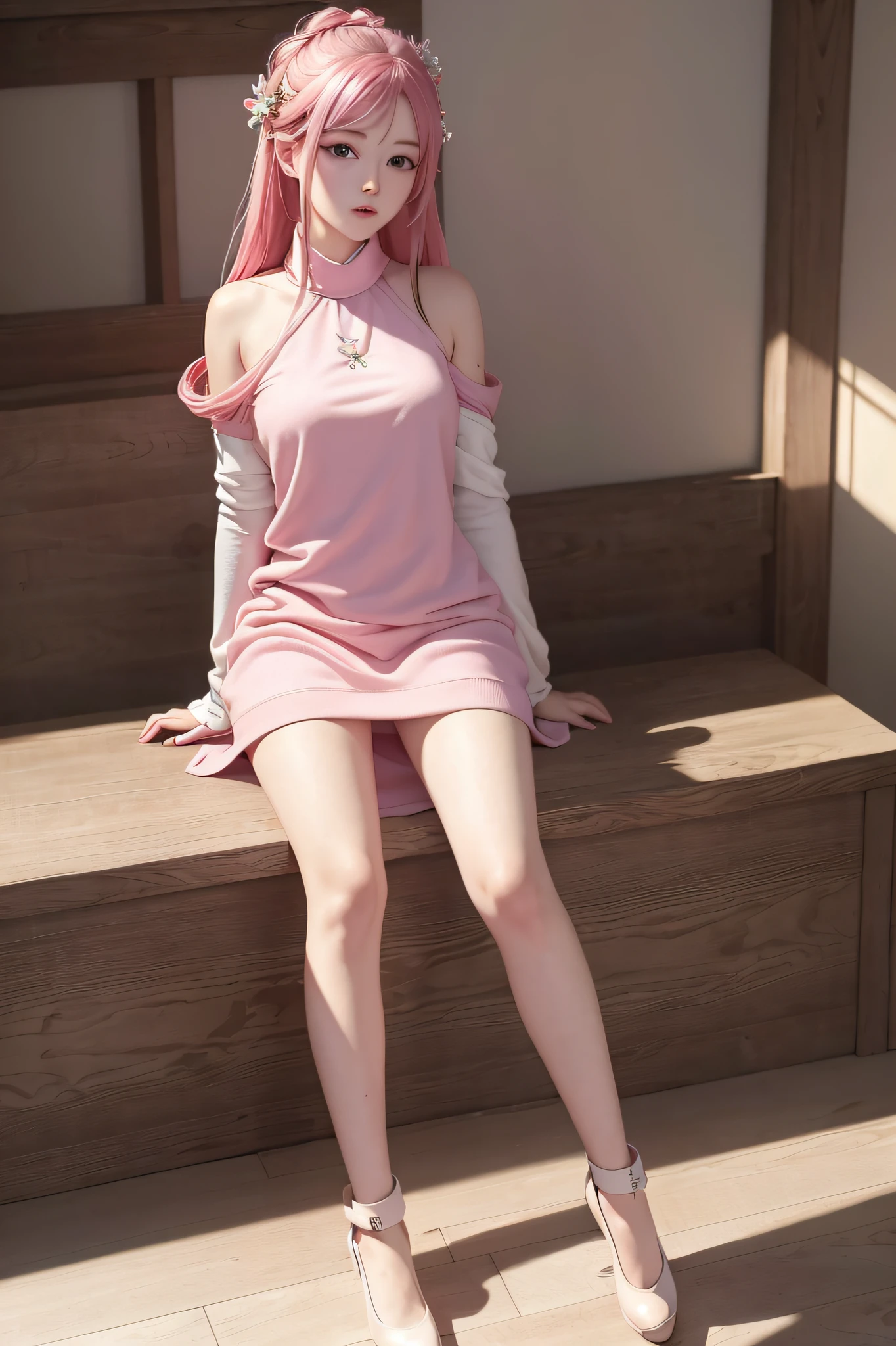 Korean girl, pink hair, blue eyes, high nose, ruddy white skin, long legs, suit