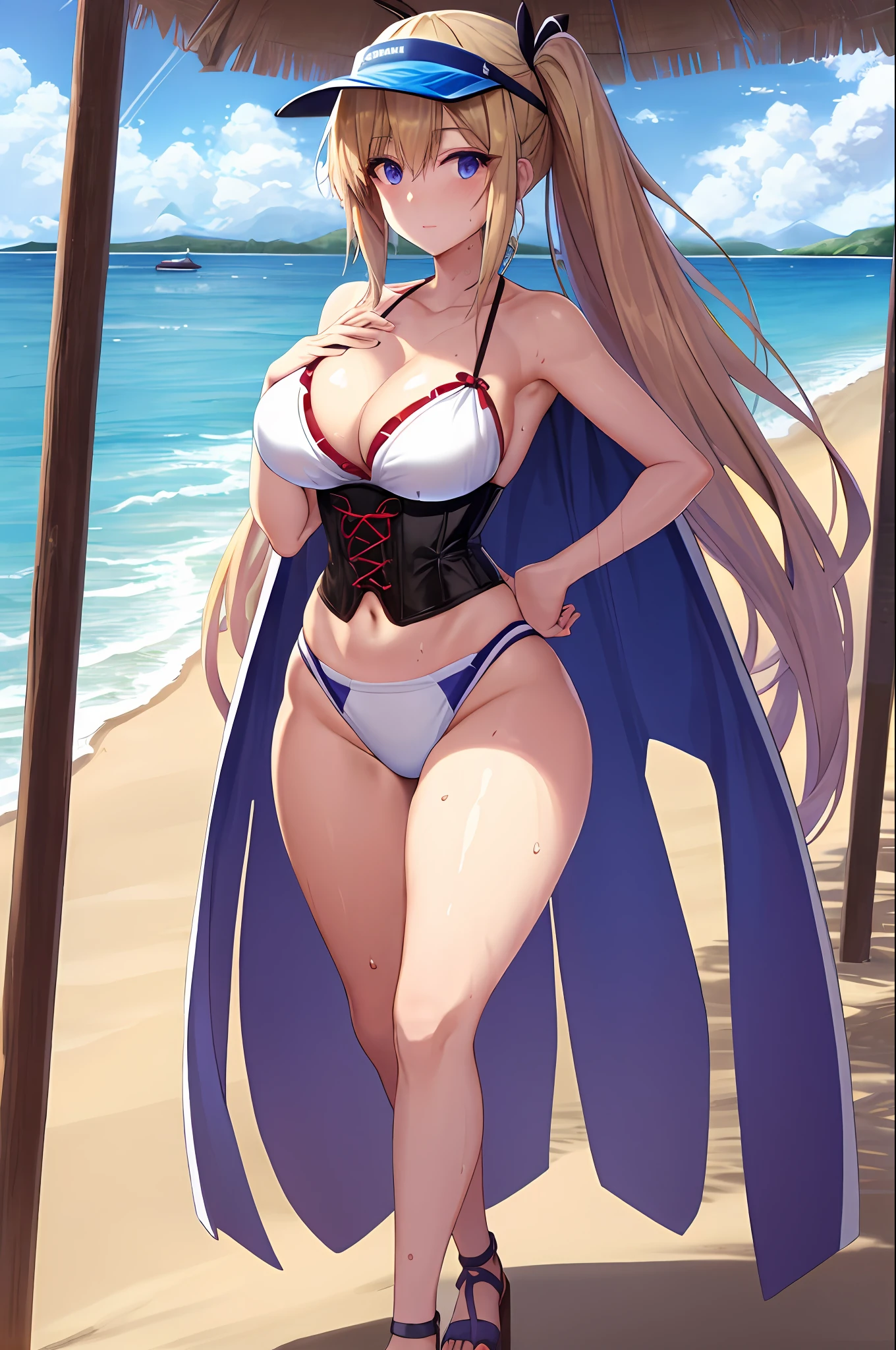 (Real: 1.5) Women, Mai Kawakami, Medium, Stockings, 4K, 8K, Perfect Face, Blush, Blue Eyes, Blonde, Dimm, Sea, Bright Sun, Sandals, Beach, Visor, Corset, Sea Turtle, Walking, Hair Band, (Wet Skin), Leaves, Cloudy, Big Sun, Beach Bar