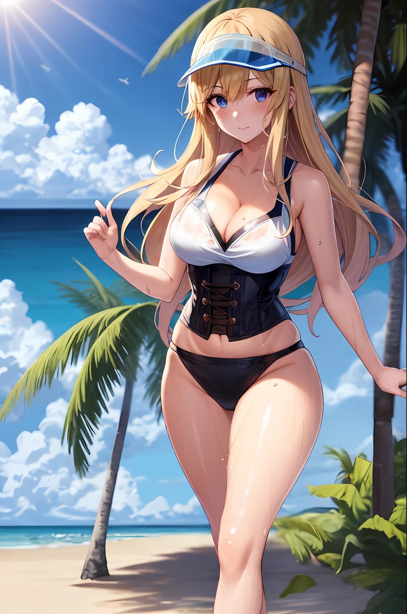 (Real: 1.5) Women, Mai Kawakami, Medium, Stockings, 4K, 8K, Perfect Face, Blush, Blue Eyes, Blonde, Dimm, Sea, Bright Sun, Sandals, Beach, Visor, Corset, Sea Turtle, Walking, Hair Band, (Wet Skin), Leaves, Cloudy, Big Sun, Beach Bar