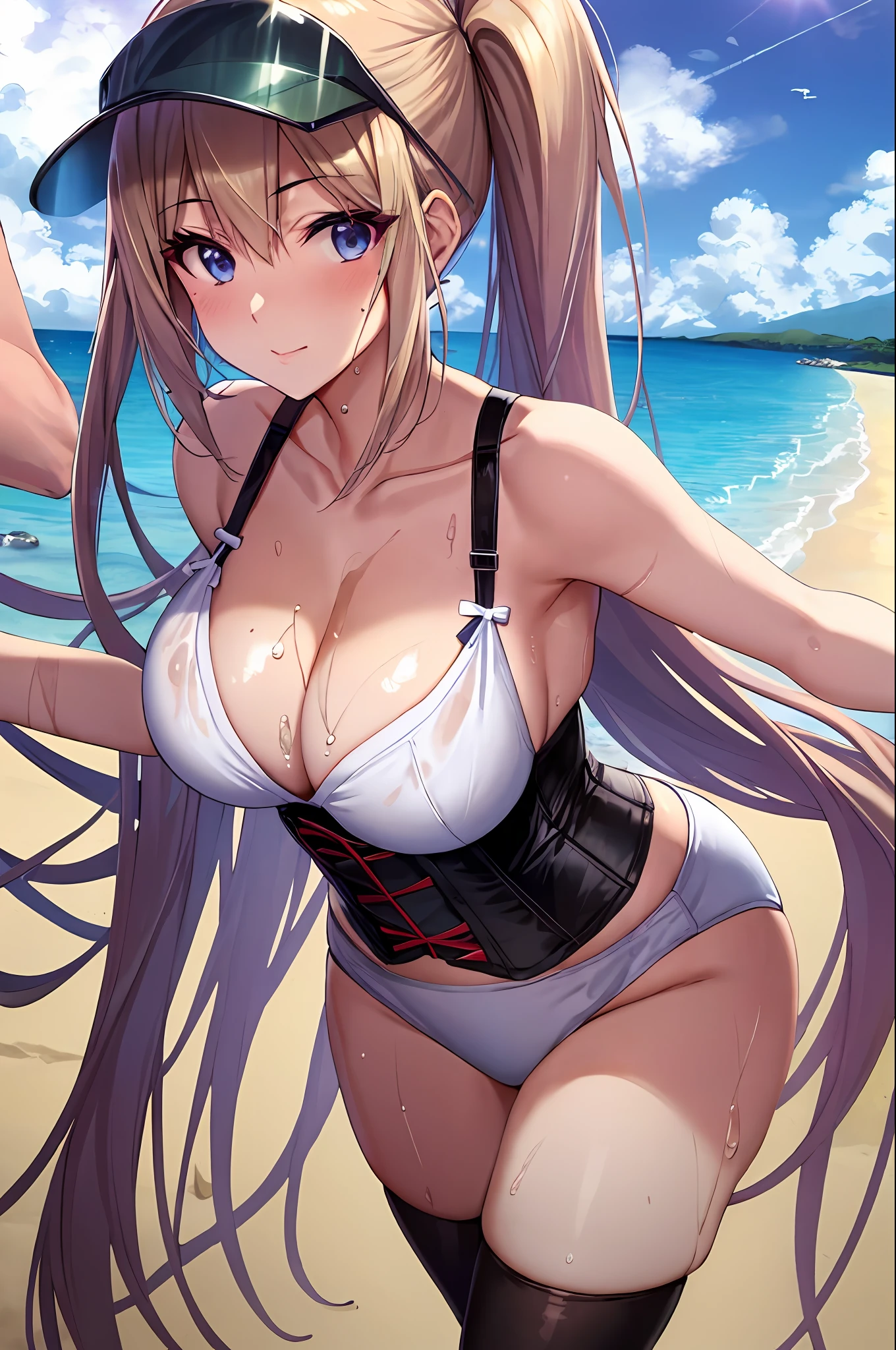 (Real: 1.5) Women, Mai Kawakami, Medium, Stockings, 4K, 8K, Perfect Face, Blush, Blue Eyes, Blonde, Dimm, Sea, Bright Sun, Sandals, Beach, Visor, Corset, Sea Turtle, Walking, Hair Band, (Wet Skin), Leaves, Cloudy, Big Sun, Beach Bar