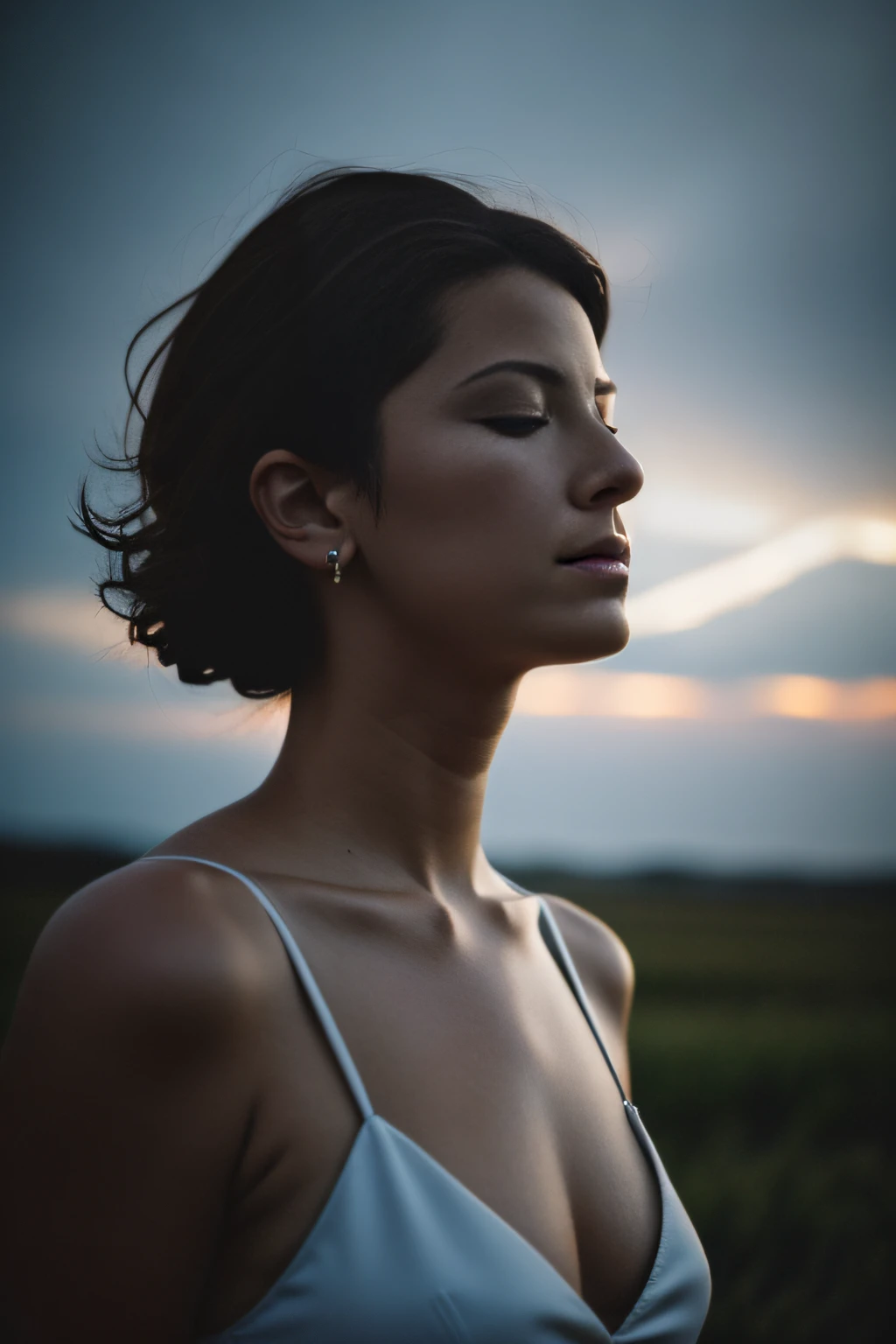a woman on the side, 40-year-old woman, eyes closed, (35mm style: 1.1), style, masterpiece, raw, sexy clothing, film grain, night, dark drama, film grain, exaggeration, dark aesthetics, nostalgiacore, backlight, light rays magical lighting beams, dust in the beam, grumpy lighting, dark color, exaggeration, dark aesthetics, 'dark, sinister,  foreboding, dark, stormy, sinister, dark, harrowing', storm, lightning, realism, VFX, FX, FXAA, TXAA, RTX, SSAO, Shaders, Denoise, De-Noise, ambient occlusion, tone mapping, moonlight, super resolution, ultra hd, megapixel, (8k resolution: 1.10), 8k, 8kres, 8k res, high, detailed and intricate details, intricate details, high intricate details, absurd amount of detail, absurd, high resolution, (high quality: 1.2, masterpiece:  1.2, : 1.2, 1.21), white background