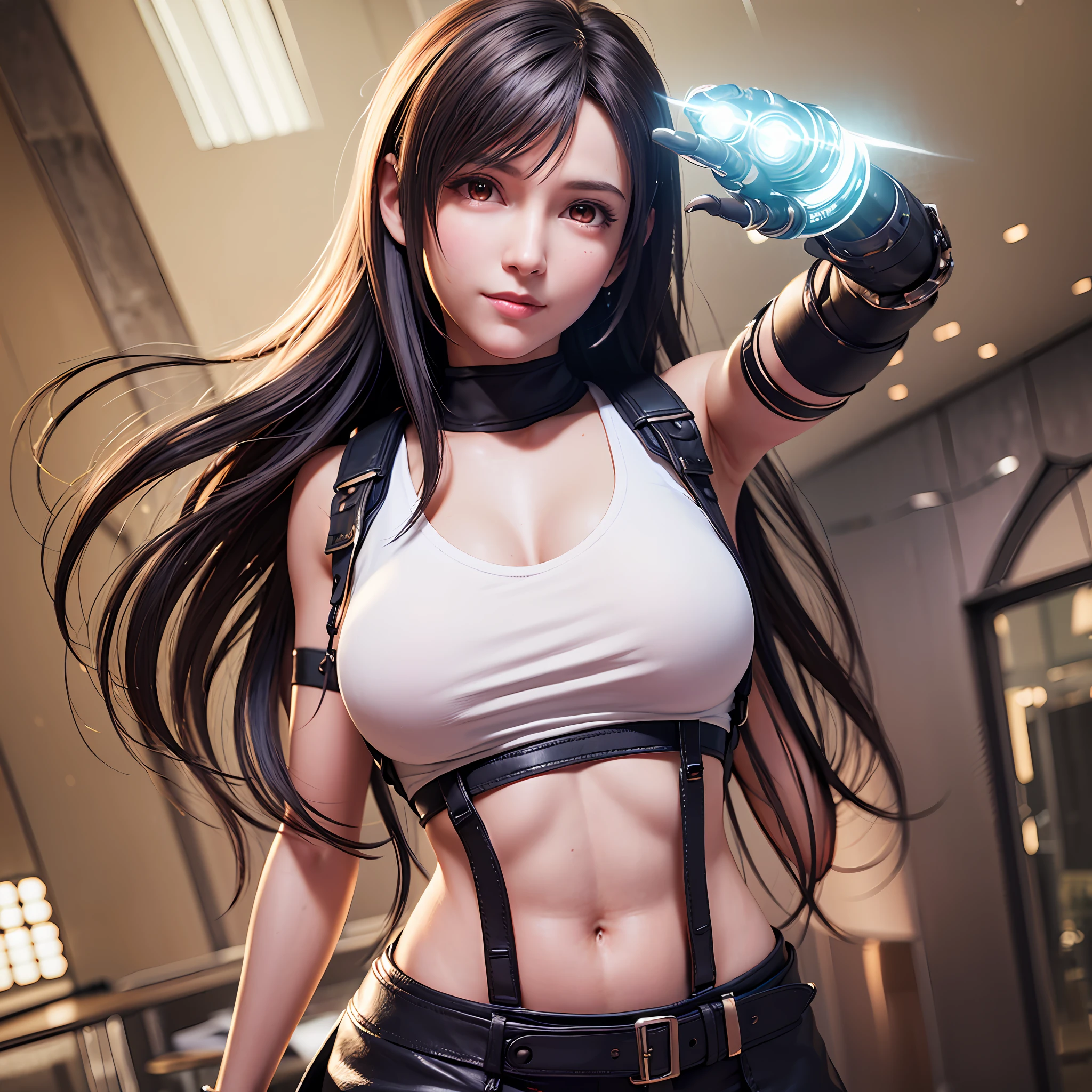 8k,masterpiece, bset quality,big, (1 girl), tifa lockhart, red_eyes, black hair, long hair, shiny skin, shiny big, ((best quality)), crisp focus: 1.2, highly detailed face and skin texture, detailed eyes, perfect face, perfect body, art, cg, blur background, big with presence, (20yo, Mature cool and beautiful face), wearing ((suspender black skirt)),(( black elbow gloves, white taut shirt, thigh, white tank top, navel, blush)), futuristic robot weapon factory, upper body, smile, professional light source, fluttering hair, dynamic action, dynamic pose,