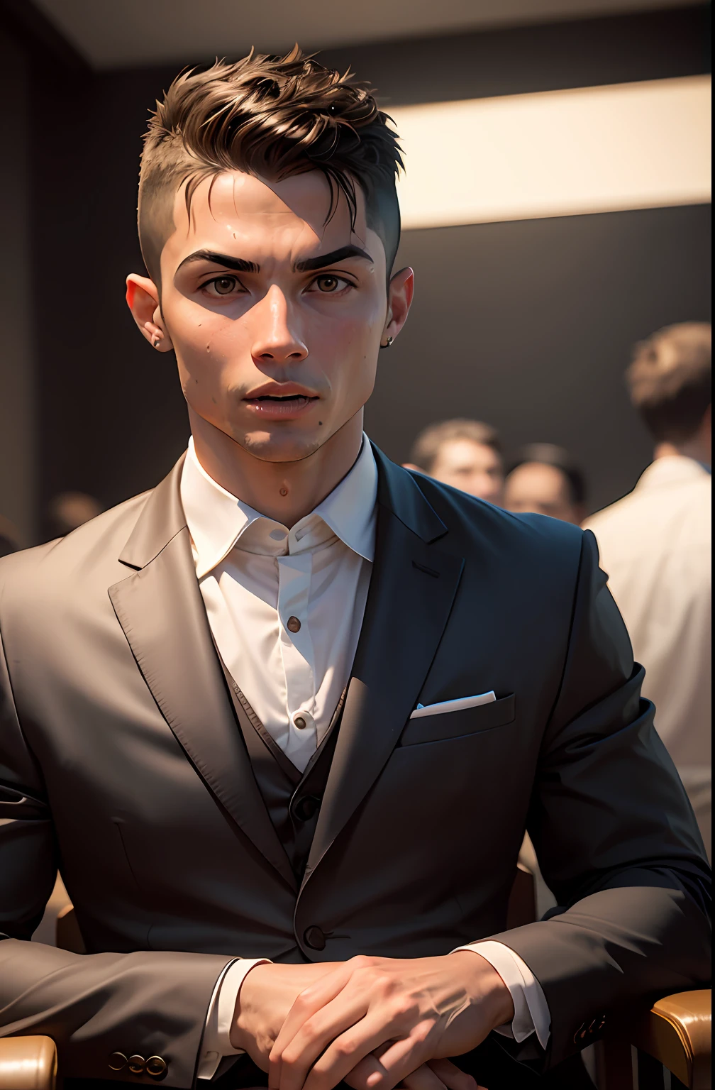 Realistic photo of Cristiano Ronaldo in the studio. Ronaldo sits in a dark brown leather armchair and wears a perfect black suit. The focus is on Ronaldo's face, capturing every detail of his expression, his unique traits, and his strength. The lighting is soft, emphasizing the subtle shadows on his face and emphasizing his keen eyes. Against the background of a neutral wall, you can draw full attention to Ronaldo. Photography, 50mm Full Frame Lens 、-- AIR 3:2 --V 5 --auto