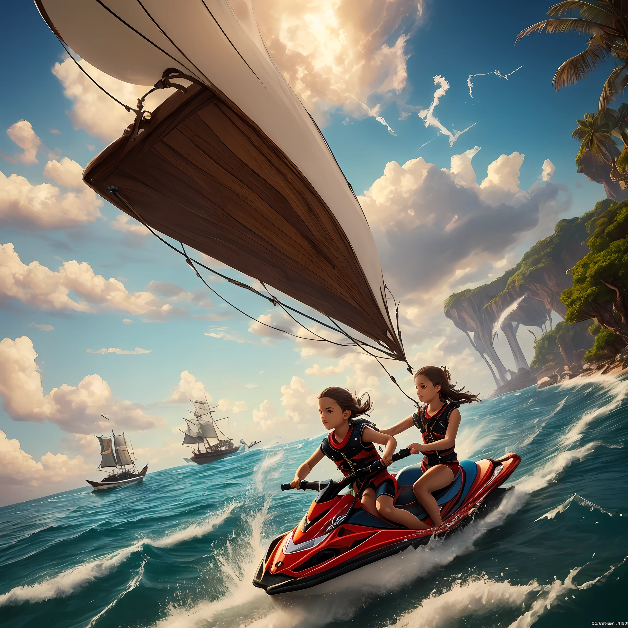 Kids wooden mahogony jetski, andvfx, 3dsmax, redshift VFX particles Render, kids riding on kid sized watercrafts, in tyflow water, tymesher, ample sky at sea ocean, 32k, mix digital painting with oil painting, :: 8 no adults, only kids, 7-year-old kids, all races of kids, fumefx, voxelize magic spells 🪄💥☄️🤯🔥different ages of kids only children riding small intractely carved unique cool medieval looking jetski like watercraft casting spells at magical sea creatures and pirates, :: unique glowing wood rpg fantasy glowing magical 🪄⚡🌩️⛈️💦wooden watercraft, birth fluids phoenix fd, flawless render of oil painting, shooting magic spells 🪄☄️⚡💥🔥💨🤯😵💫 at pirates running drop-dead-gorgeous slender 8-year-old detailed healer Theodin riding magical 🪄🪄 magic jet ski, mahogony wooden carved jetski 🚤 , Krakatoa mermaids🧜🧜♀️🧜♂️🧜🏿🧜🏿♀️🧜🏿♂️merman child swimming in water, :: highly detailed kids in uniform on ship deck shooting magic 🪄⚡☄️🤯😵💫💥🔥💨💢💦casting spells at rpg magical sea creatures 🧞🌌, alluring highly detailed full body portrait of aristocratic very detailed ship, ultra realistic, by Stanley Artgerm Lau, greg rutkowski, thomas kindkade, alphonse mucha, loish, norman rockwell:: , heart shaped face, physX, beautiful oil painting , show more details, show more landscape, increase wide angle, increase landscape, aerial view, no jeans, no modern fashion, fix face, enhance face, delicate pretty face of child, sharp-focus face, ultra hd, ultra resolution, high resolution, fluid force, superior quality, superb oil painting, refine details, exquistely detailed, exquiste details, intricately detailed, opulence opelent palatial, luxurious luxuriant, all races, fantasy creature, caucasian, calm, child friendly, Cinema 4, ultra hd, sharpen image, magical fantasy creatures, fix eyes, magical language activation code, magical contact lenses, glowing language symbols, superior quality, Anuhazi, activation code, ultra resolution, ultra hd, sharp --auto