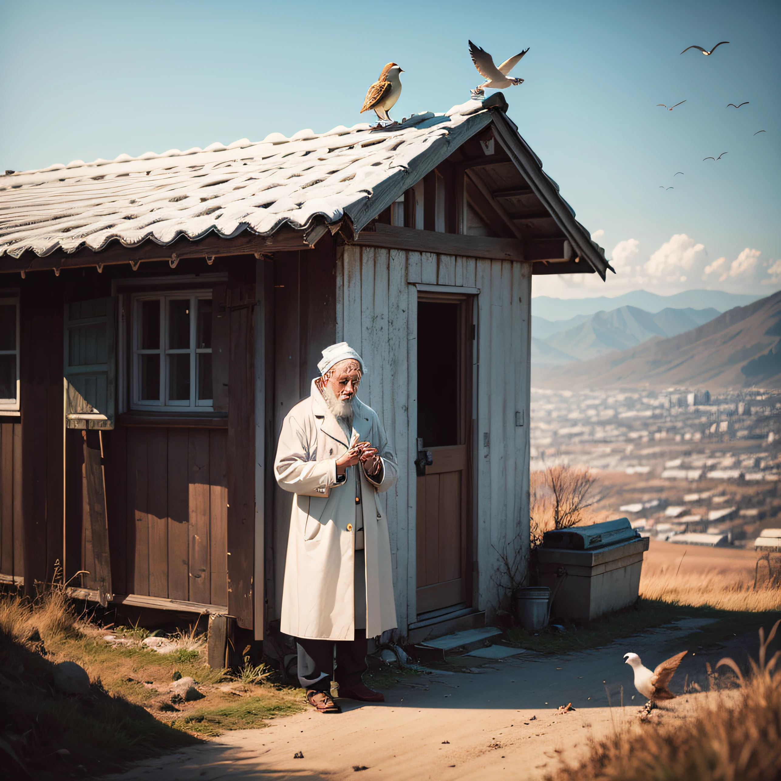 old, praying on the hill, with white coat, and bird around him, photography, well defined, in cinematic definition. --auto