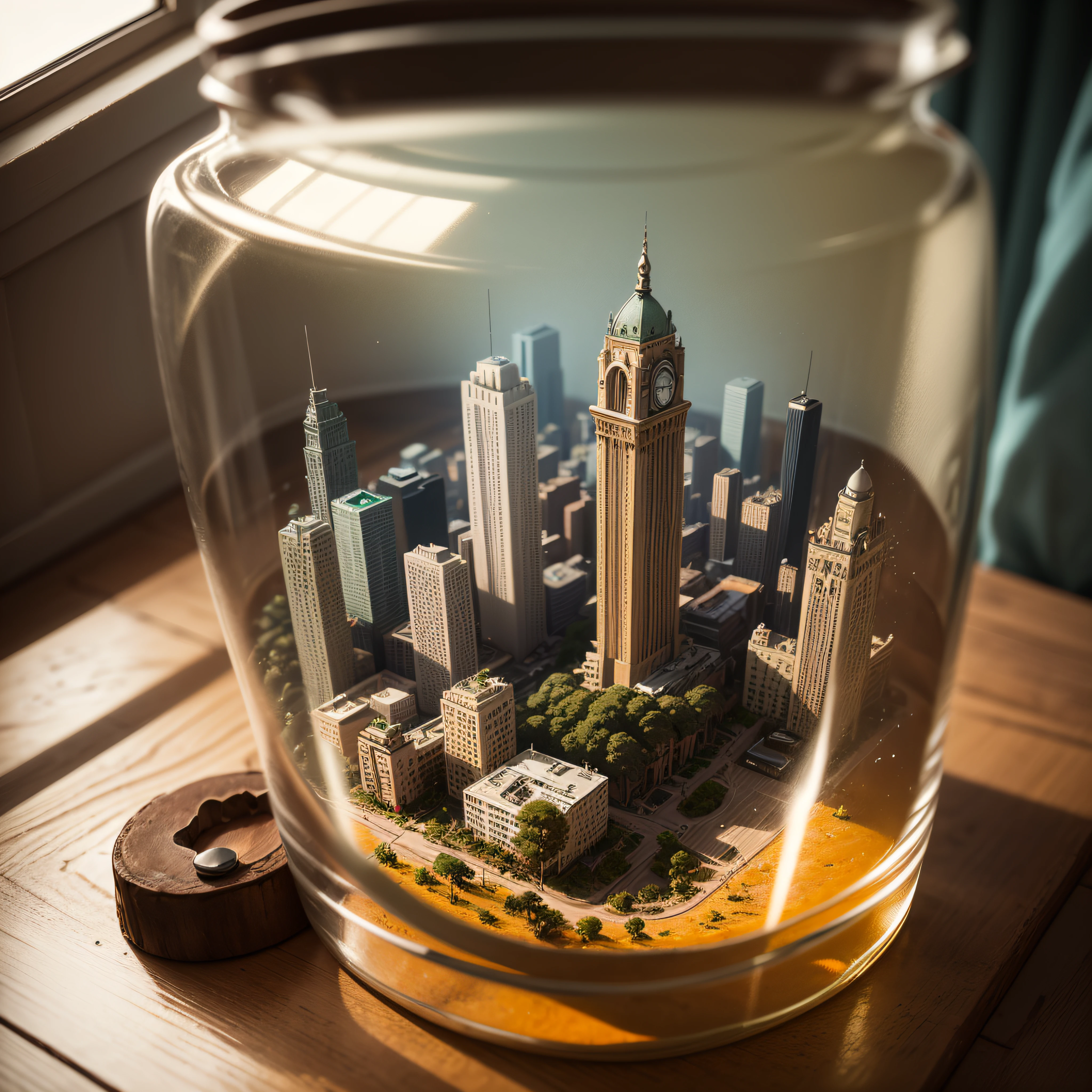 city of Rio Claro inside a square glass jar with lid, placing on the windowsill, extremely detailed, 8K, apocalyptic punk style, miniatures, macro photography in close-up --auto