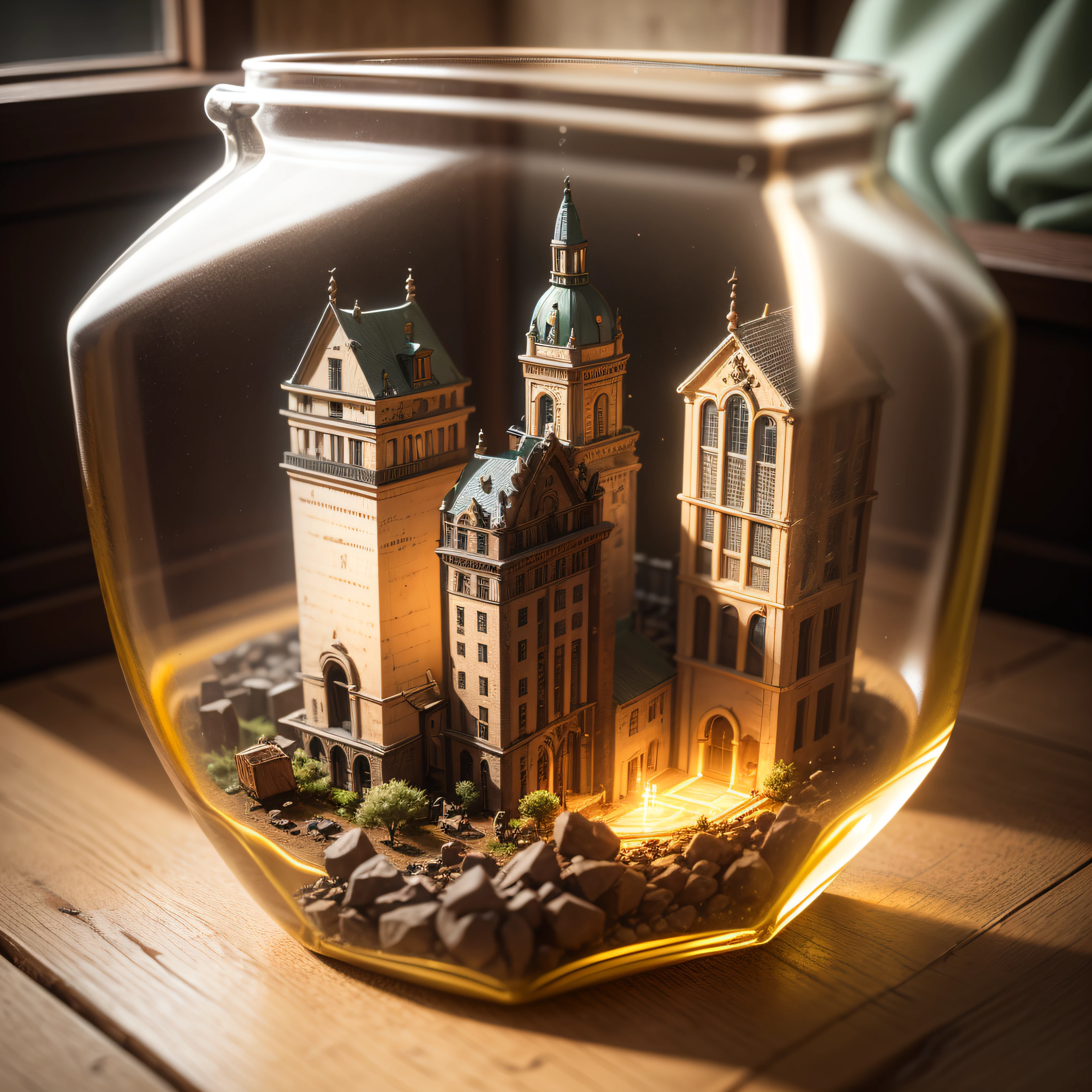 city of Rio Claro inside a square glass jar with lid, placing on the windowsill, extremely detailed, 8K, apocalyptic punk style, miniatures, macro photography in close-up --auto