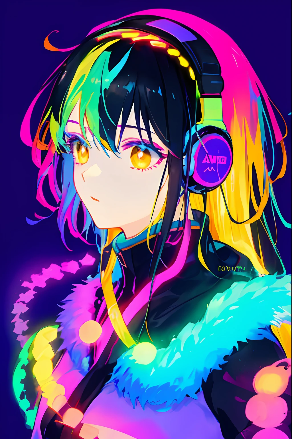 multicolored, 1girl, night, dark, black hair, looking at audience, upper body, facing audience, limited color palette, bright background, glowing background, light effects, headphones, singing,