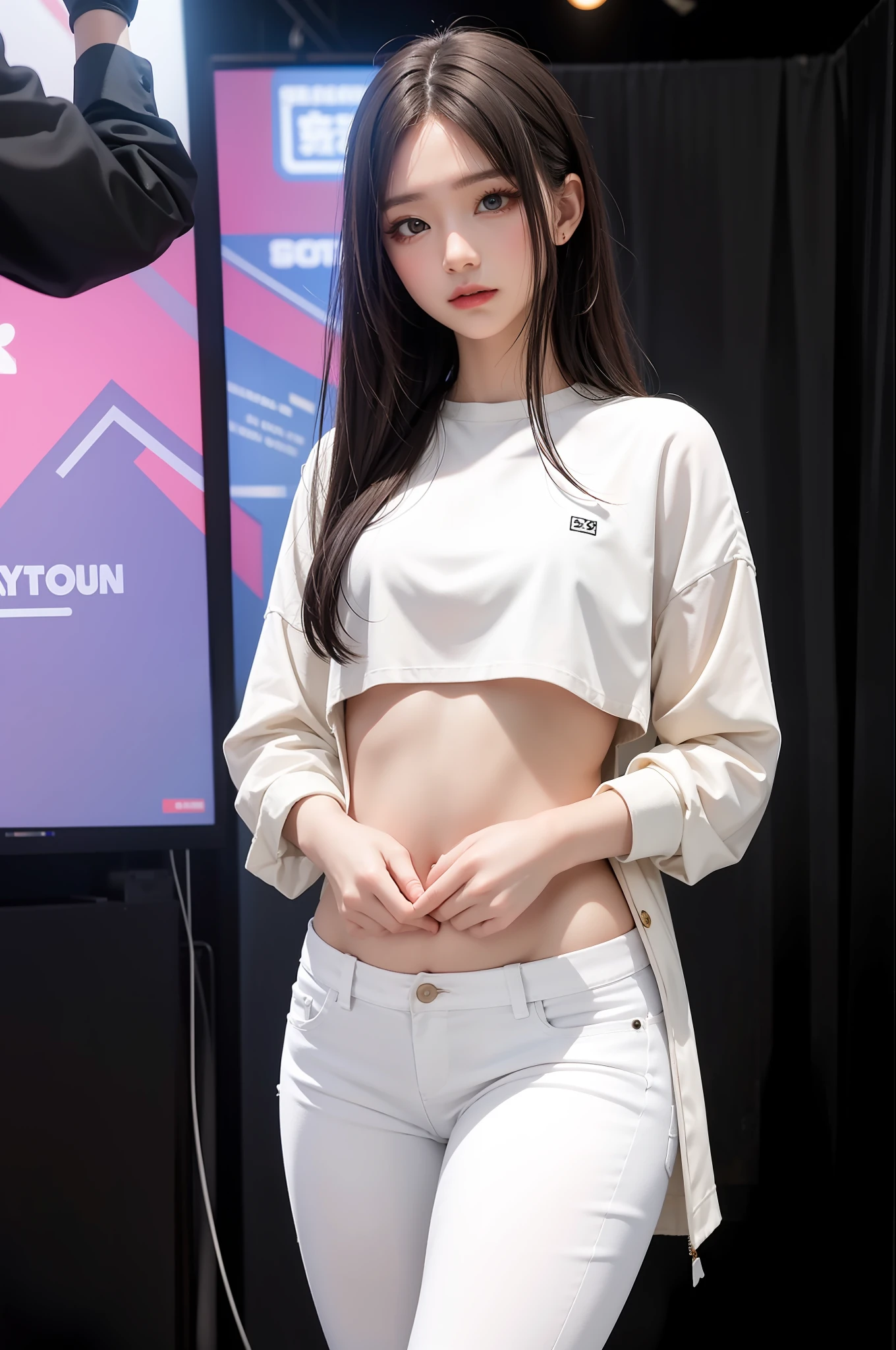 (Cyberpunk Environment: 1.2), Makeup, (1 Girl: 1.4), Best Quality, Masterpiece, (Reality: 1.2), Young Woman, Lady, Detailed Face, Detailed Eyes, Fine Hair, Delicate Skin, Looking at the Audience, Dramatic, Vibrant, Clear Focus, 50mm, F1.2, EOS R8, (3/4 Body: 1.2), Standing, (Complex Background: 1.6), (Best Quality Detail: 1.2), 8K HD, White Shirt, Open Belly Button, Skinny wrapped hip jeans, tights. Pear-shaped body, perfect body, soft little hands, small hand coordination, petite and cute, perfectly coordinated figure.