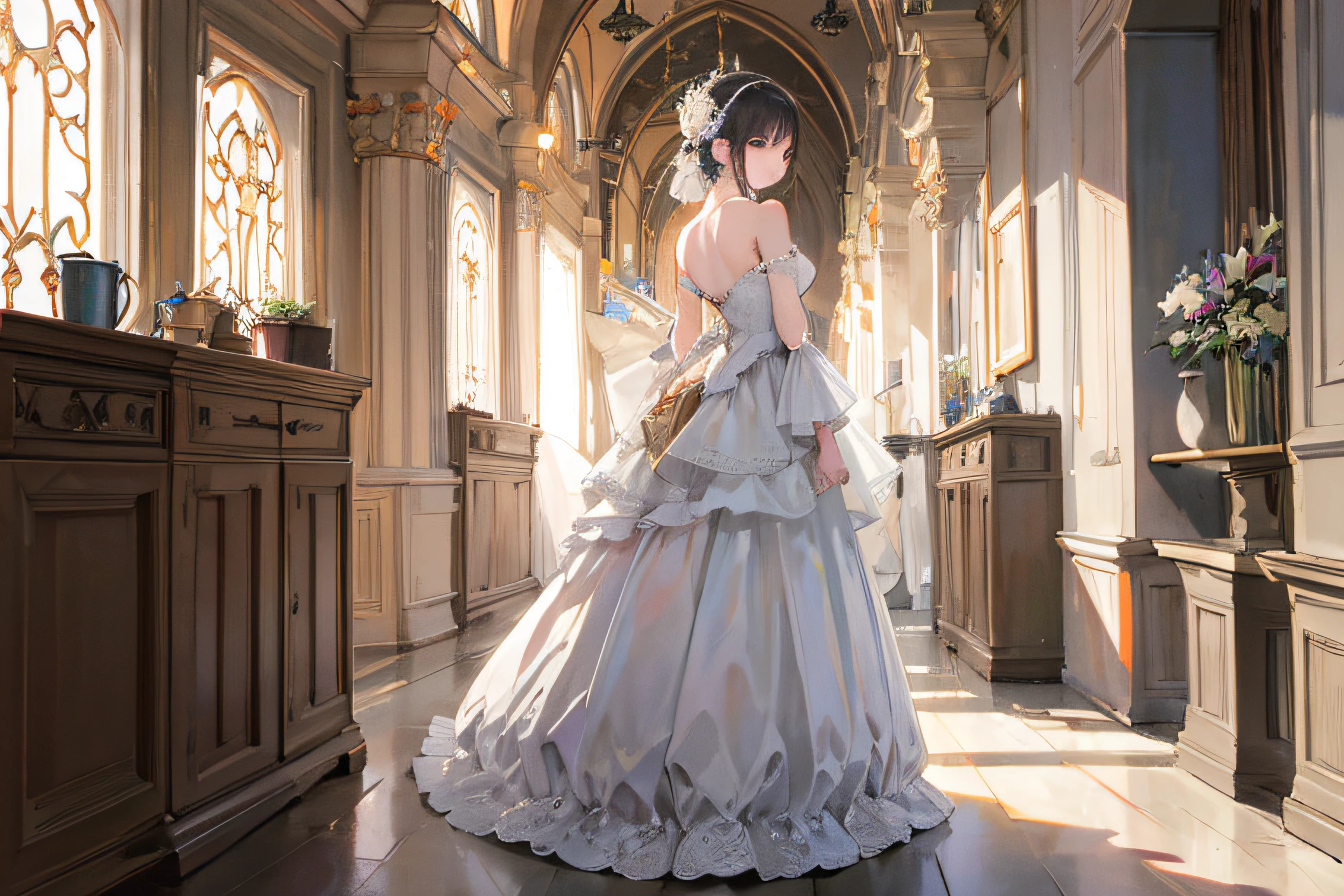 (Traditional media: 1.4), highly detailed and intricate details, masterpiece, top quality, backlit white dress, full body