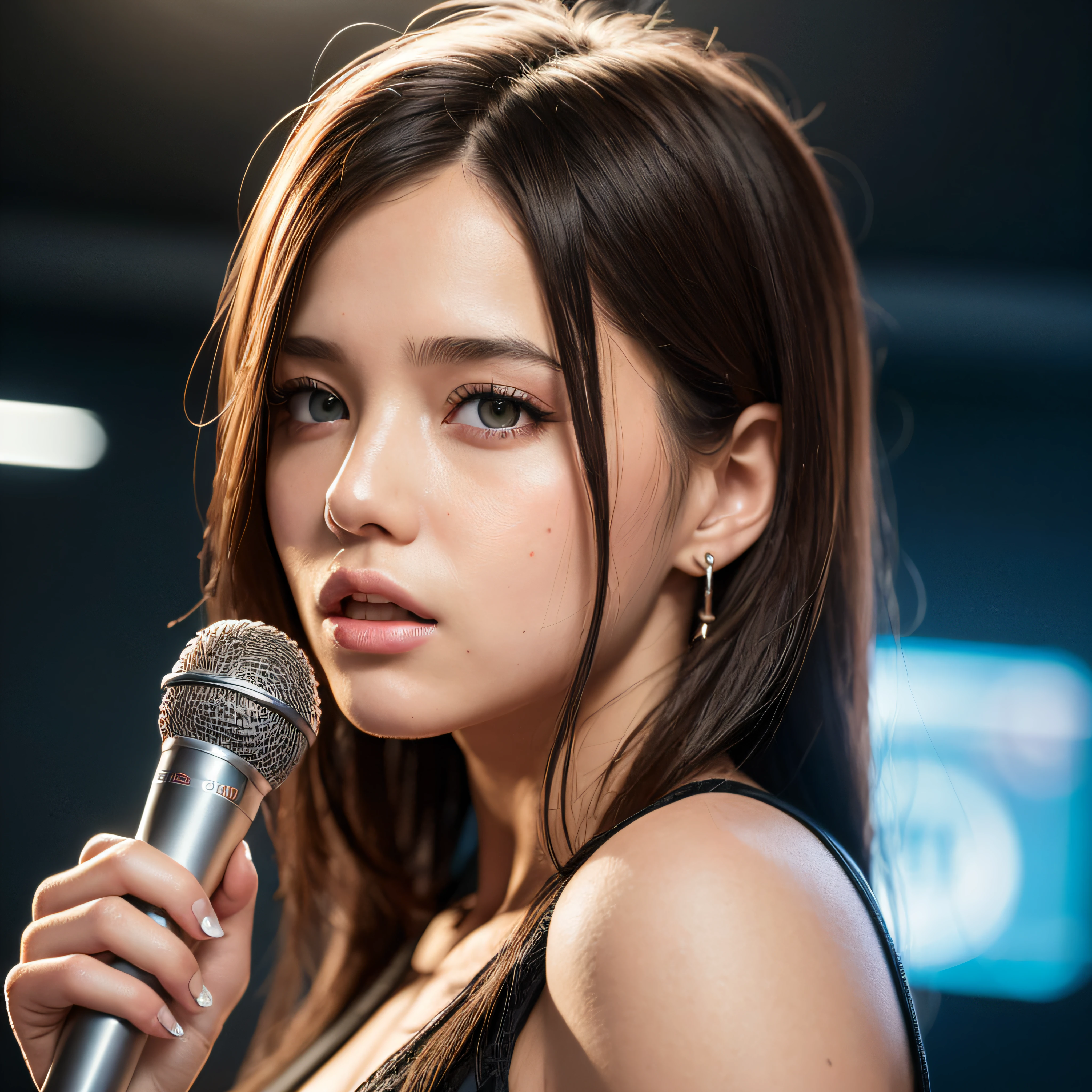 20 year old woman singing, singing on a stage, singing in bar, microphone in hand, render 8k portrait, cinematic realistic photo, realistic face moody lighting, ultra realistic image, unreal engine character art, ultrarealistic 8k cyberpunk art, cinematic bust portrait, photorealistic art style, an ultra realistic, detailed portrait shot, handsome man, 8k portrait shot portrait --auto