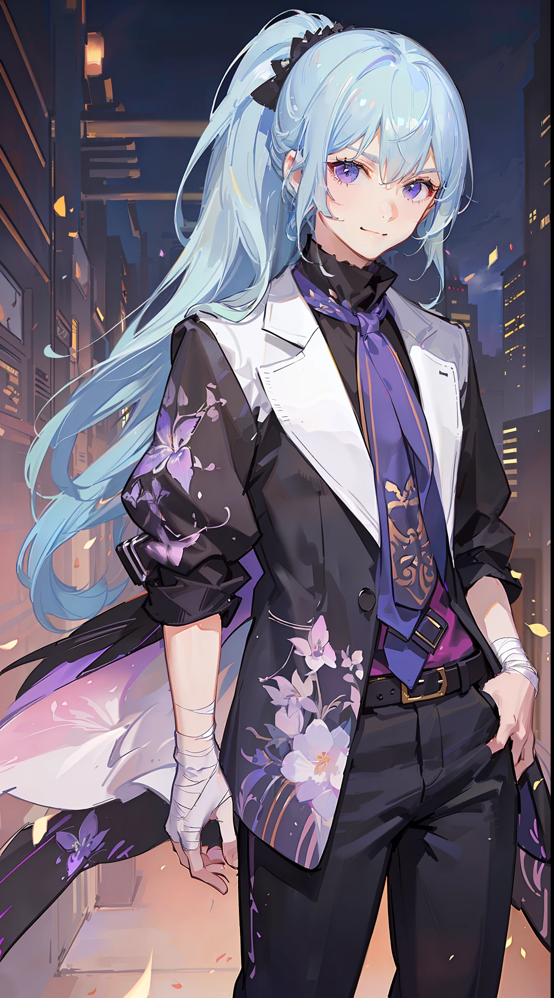 Young boy, long light blue hair, high ponytail, purple eyes, smirk, purple open shirt, black pants, bandages on his arms, masterpiece, high quality