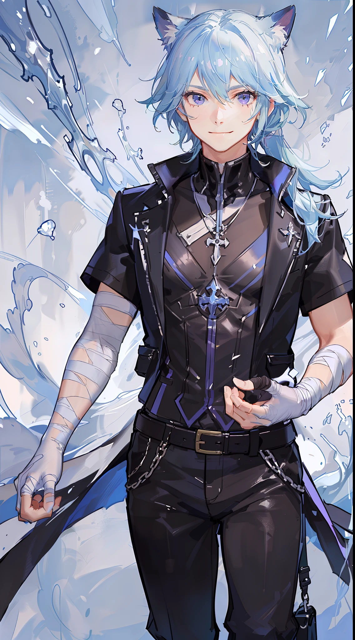 Young boy, long light blue hair, high ponytail, purple eyes, smirk, purple open shirt, black pants, bandages on his arms, masterpiece, high quality