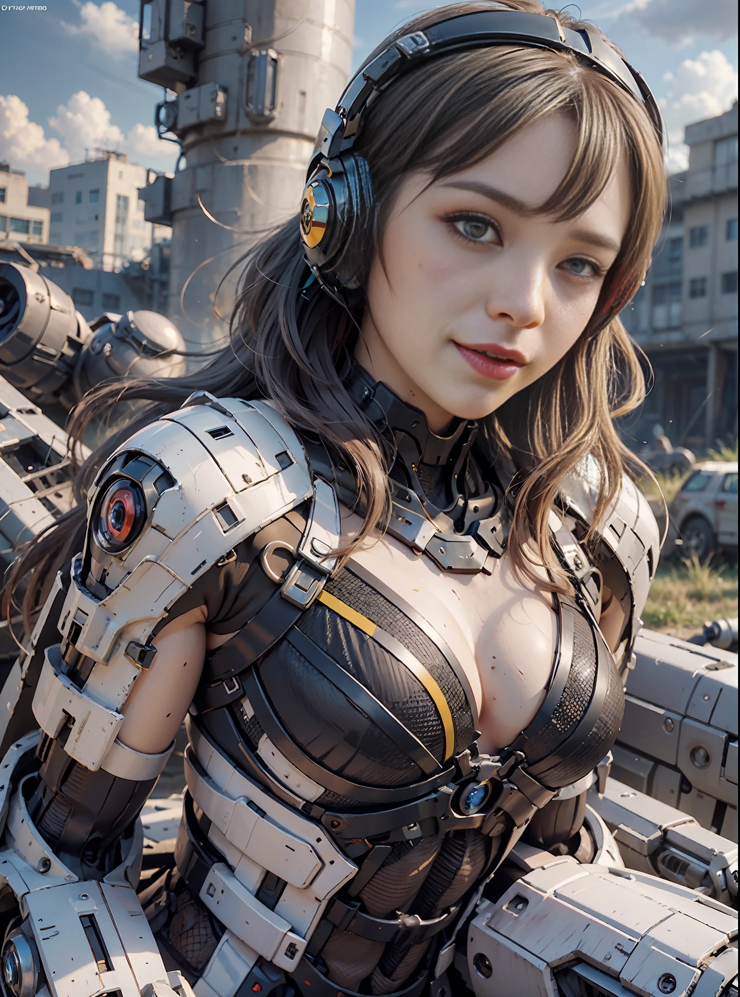 8K, Best Quality, Masterpiece, Ultra High Resolution, (Realism: 1.4), Girl Futuristic Battle Suit, Green Pupils, In the cockpit of a mecha, Cloudy background, Dark Clouds, Lightning, Background of Air Battlefield, Falling Airplane, Flying Anti-Aircraft Missiles, Exploding Flames, Mechanically Built Birds, Real Woman, Cleavage, Real Face, Cute Girl, Smile, Perfect Cyborg Girl, Wearing Sci-Fi Headphones, Beautiful Female , Beautiful Girl Cyborg, Silver Hair, Manipulator, CG ，
