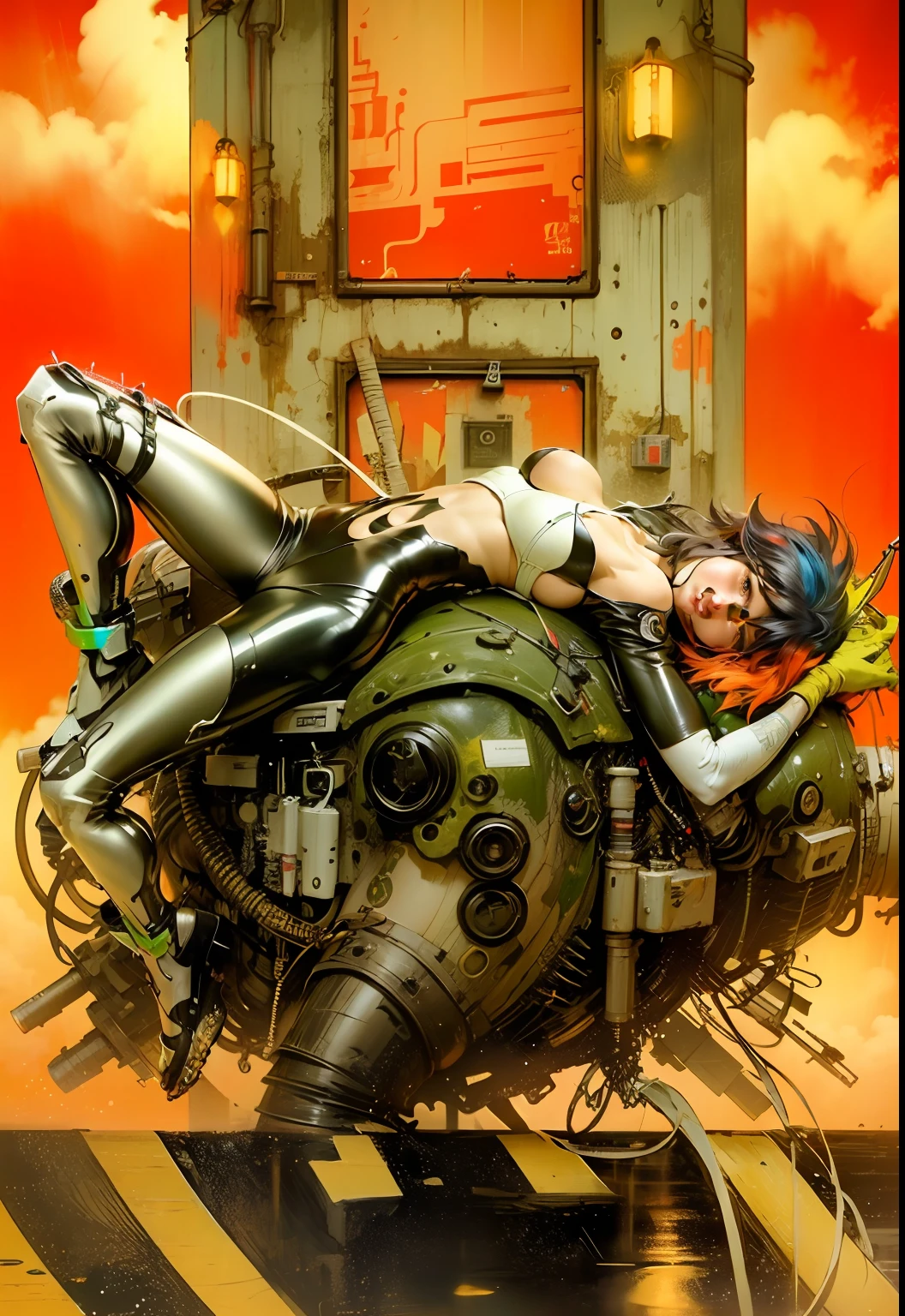 Beautiful woman colored hair, laying down legs wet and  spread  sexy leather clothes long breasts cyberpunk style realistic detailed, ghost in the shell bikini sexy