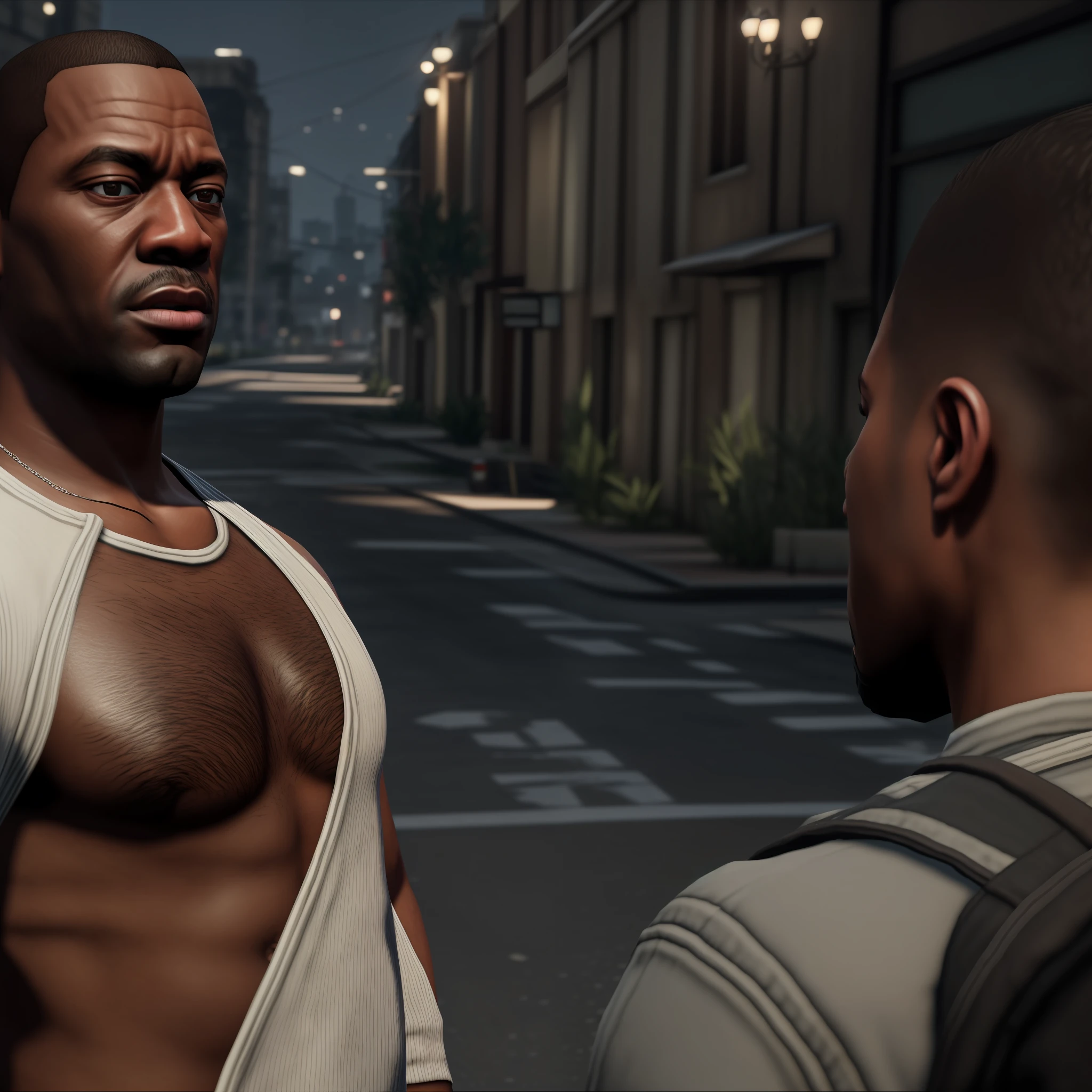 (8k, RAW photo, best quality, masterpiece: 1.2), ultra detailed, official art, photo-realistic: 1.37, upper body shot,Carl Johnson,Grand Theft Auto,white regatta,Groove Street,only 1 personagen