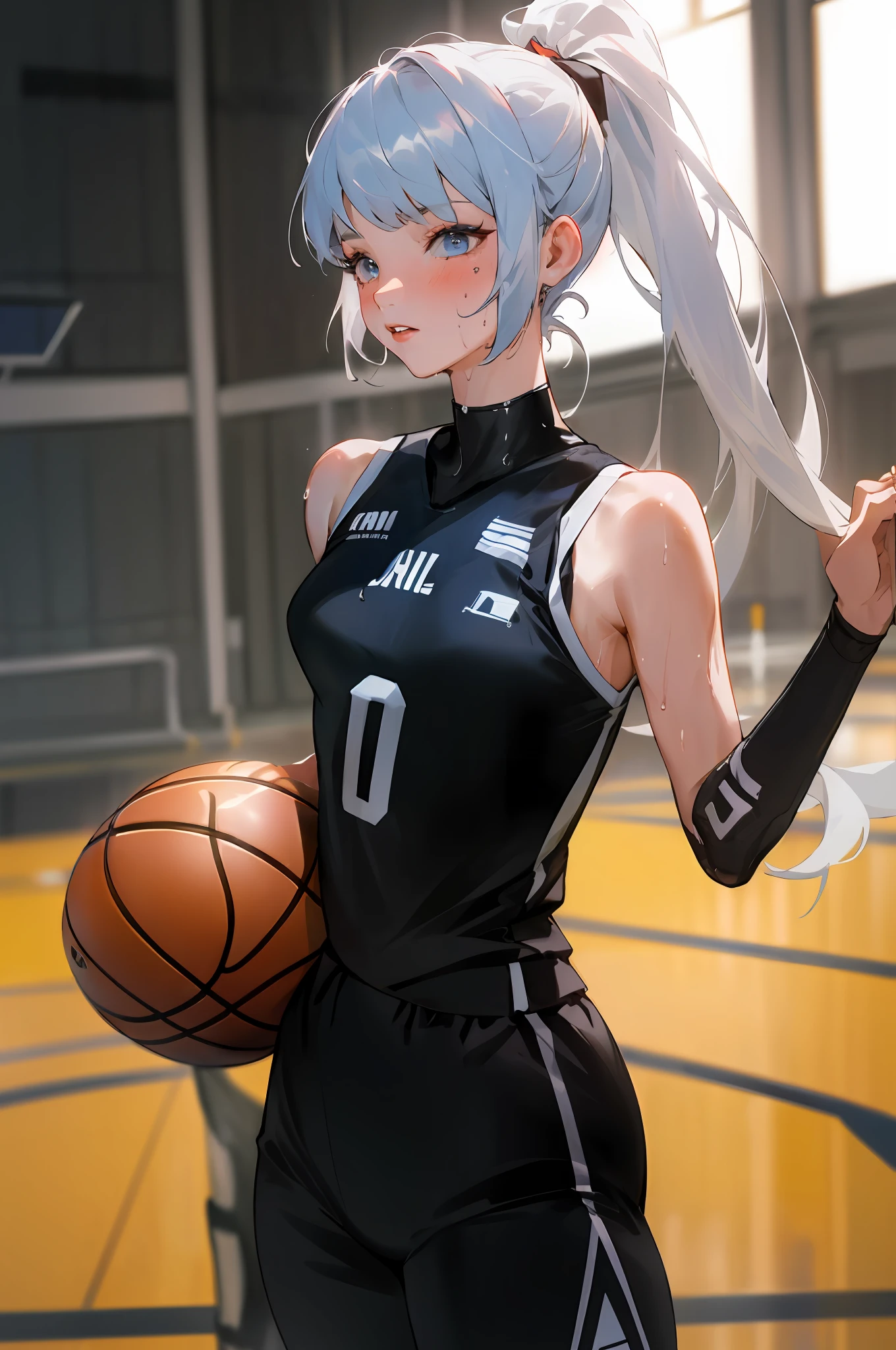Masterpiece: 1.2, best quality), realistic, (real picture, rich details details, depth of field), (1girl, solo), makeup, cleft lip, high detail, perfect face shape, (small breasts: 1.4), (skindentation), thick thighs, Wide hips, thin waist, tall, coral, red lips,blue eyes, ponytail, white hair, ((((basketball girl, black basketball suit, mid-length pants)))), (sweat: 1.2), (wet), sexy, blushing, sweaty, big breasts
