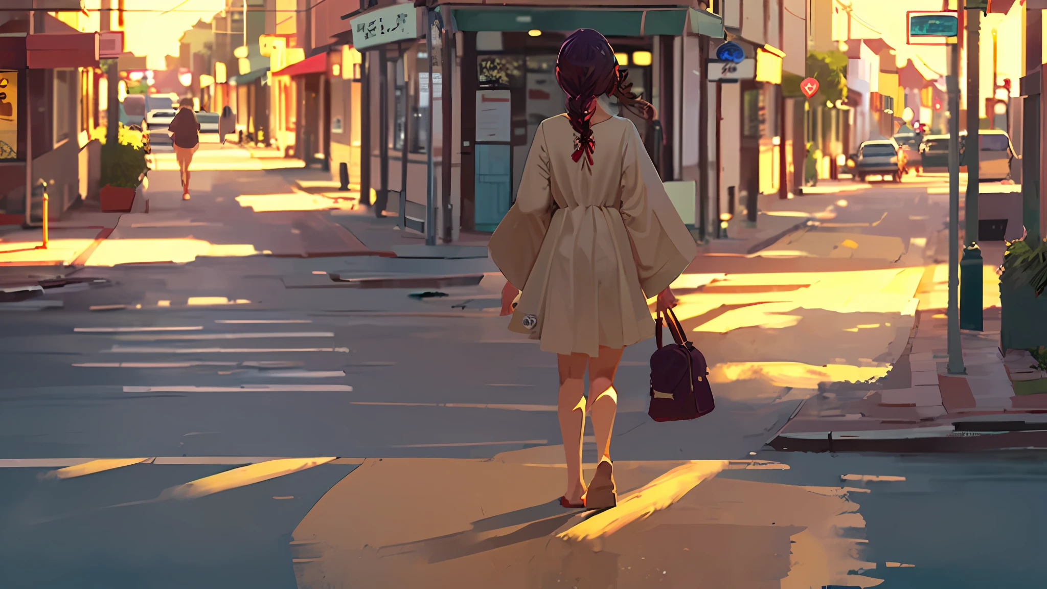 (((1girl, Alone))), coastal setting, country town in, coastal town, walking down the street, golden hour, anime scene, ray of light