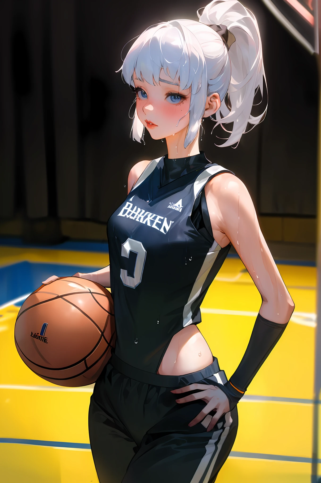 Masterpiece: 1.2, best quality), realistic, (real picture, rich details details, depth of field), (1girl, solo), makeup, cleft lip, high detail, perfect face shape, (small breasts: 1.4), (skindentation), thick thighs, Wide hips, thin waist, tall, coral, red lips,blue eyes, ponytail, white hair, ((((basketball girl, black basketball suit, mid-length pants)))), (sweat: 1.2), (wet), sexy, blushing, sweaty, big breasts, basketball court