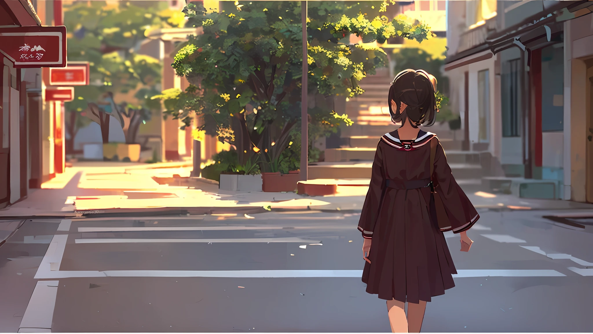 (((1girl, Alone)))), ((dark hair)), coastal setting, country town in, coastal town, walking down the street, golden hour, anime scene, ray of light