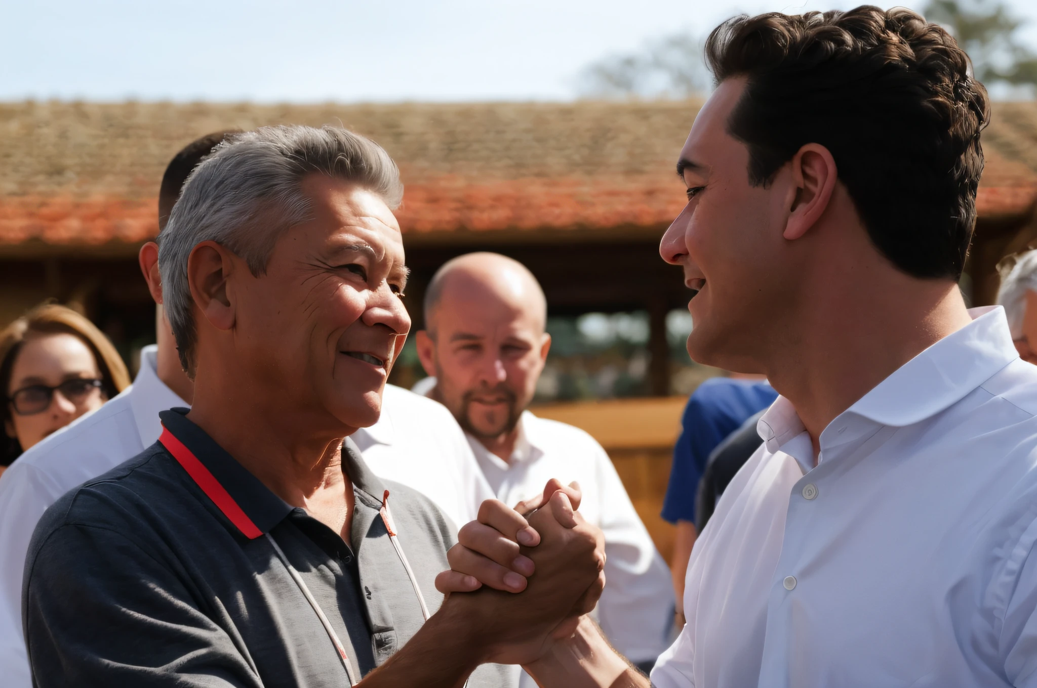 There are two men shaking hands in a crowd of people