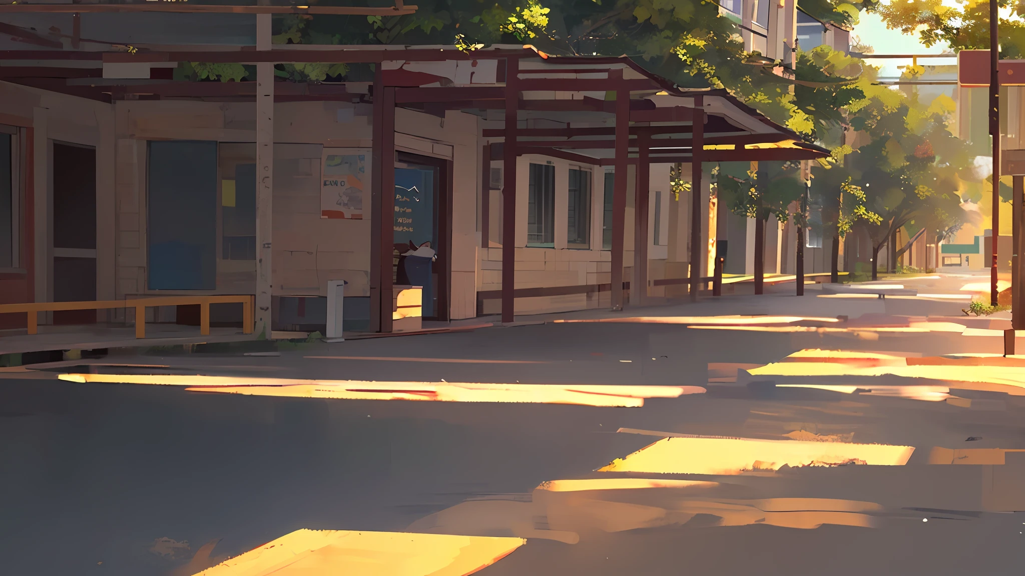 (((1girl, Alone)))), ((dark hair)), coastal setting, country town in, coastal town, walking down the street, golden hour, anime scene, ray of light