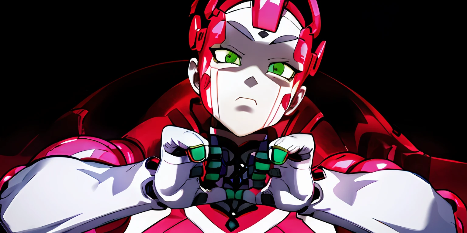 king crimson, humanoid, red body with white stripes, white shoulders, green eyes, serious, pink forehead, white hands, green knuckles, hd, highres